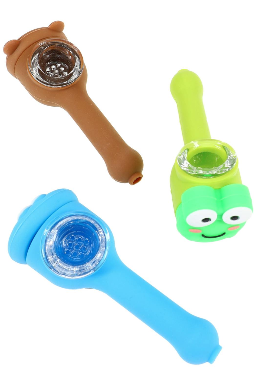 (Assorted) Silicone 4" Silicone Character Hand Pipe with Glass Screen Bowl