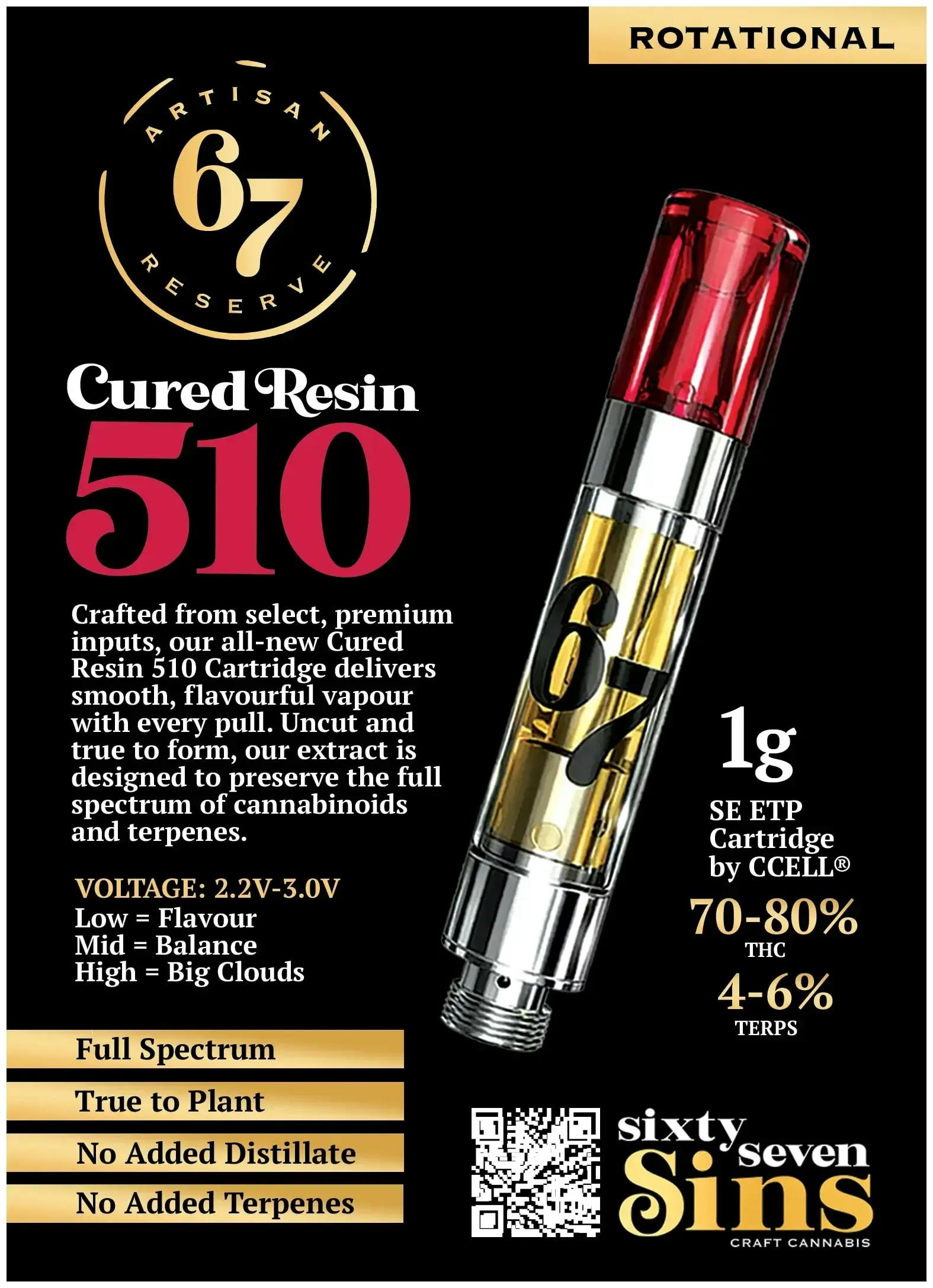 Sixty Seven Sins - 67 Artisan Reserve Cured Resin 510 Thread Cartridge 1g