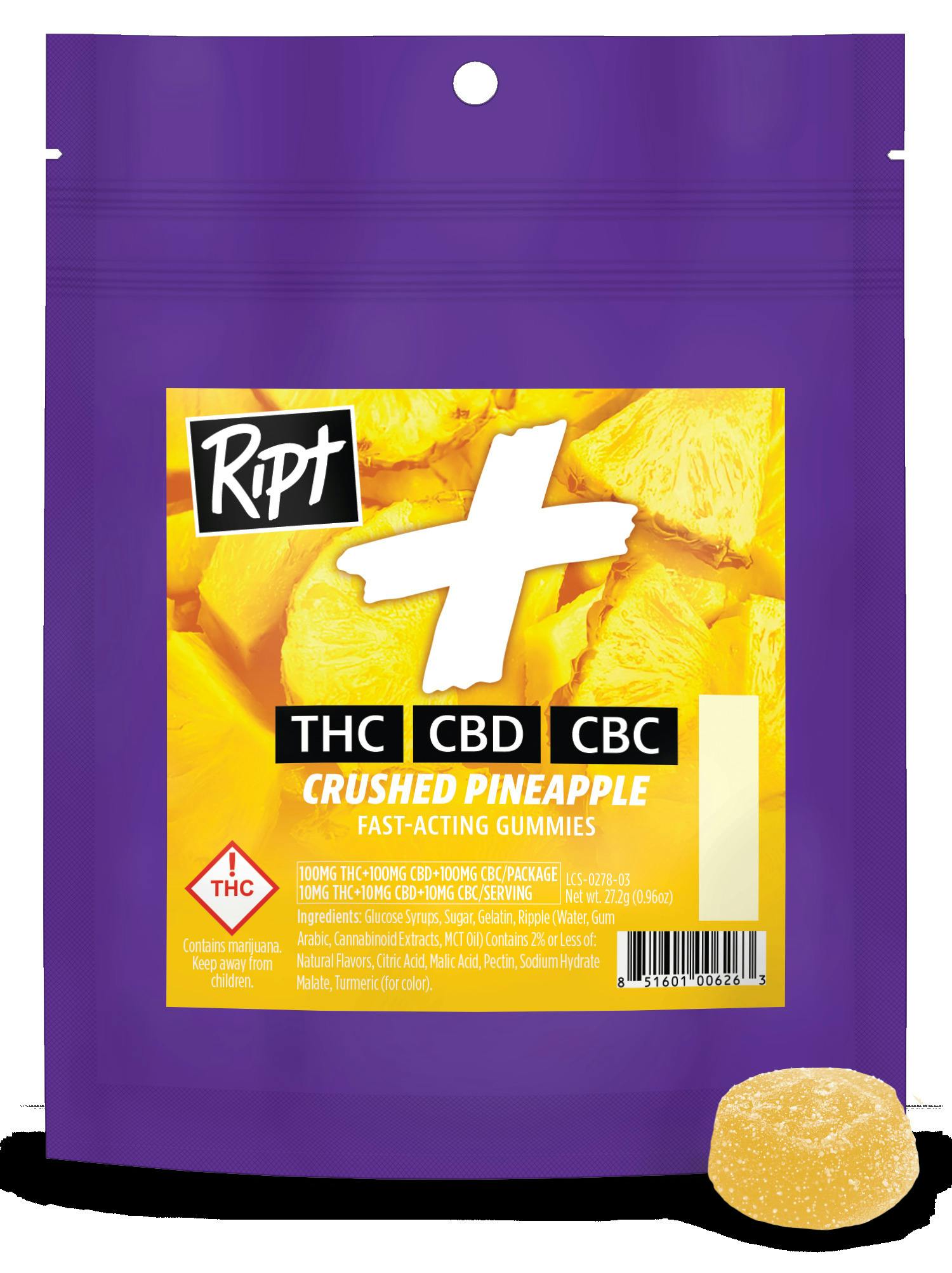 Ript - Gummies - Crushed Pineapple THC:CBD 1:1 100mg (H) cannabis product