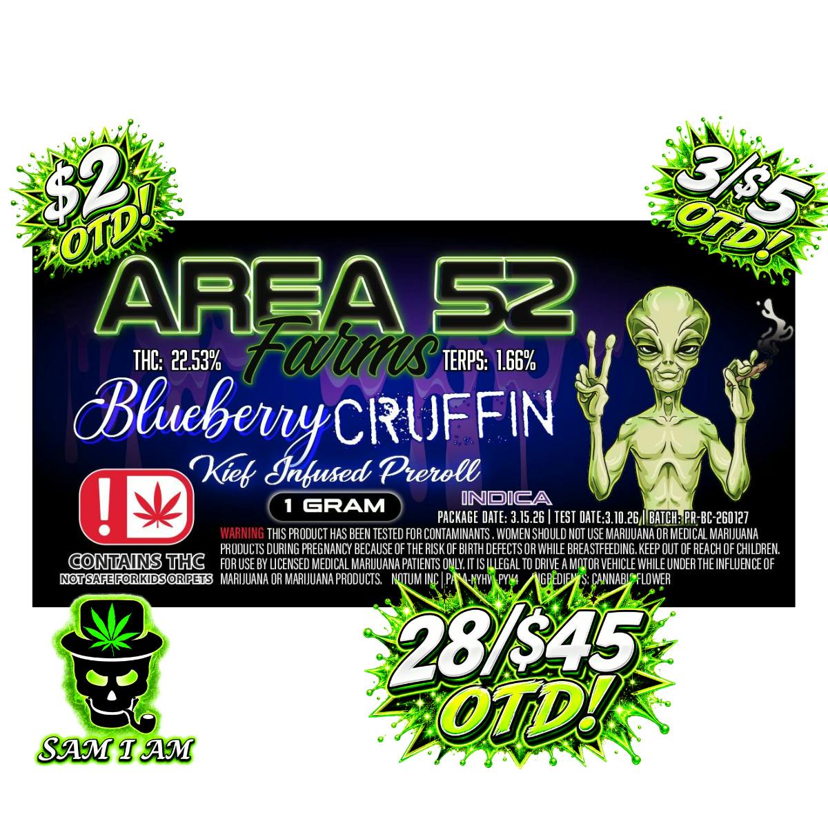 AREA 52 BLUEBERRY CRUFFIN 1G PRE ROLL