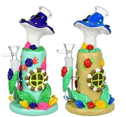 Flower And Shroom Cottage Glow Water Pipe - 9" - 14mm F (Colours Vary)