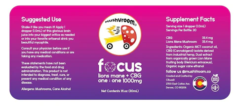 CBuzzD FOCUS CBG/Lion's Mane | 1:1 1000mg — tinctures listed on the Herbs 4 You menu