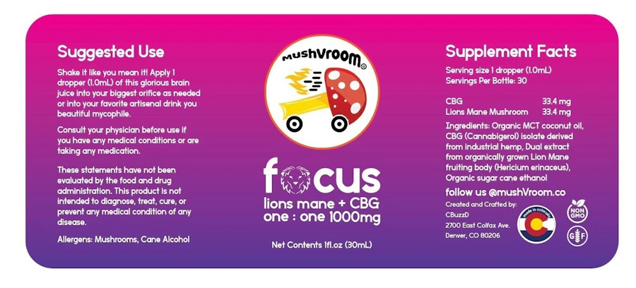 CBuzzD FOCUS CBG/Lion's Mane | 1:1 1000mg — tinctures listed on the Herbs 4 You menu