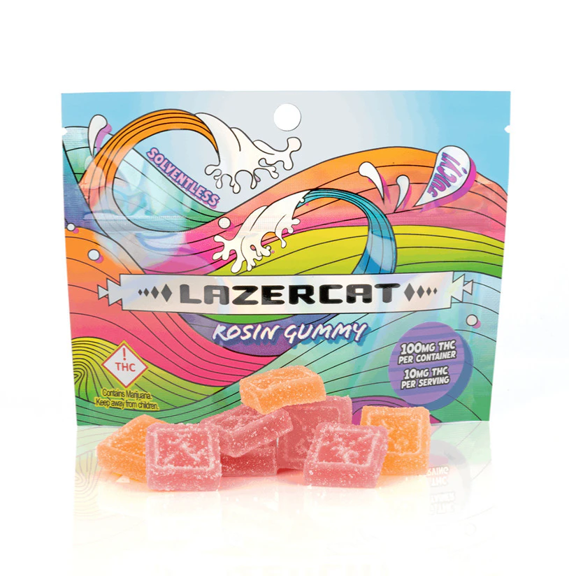 Gummies packaging shown for Lazercat Rosin Gummies Papaya (Midnight Melt) 100mg on the Herbs 4 You menu