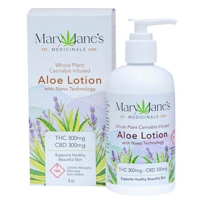 Mary Jane's Medicinals Aloe Lotion 300MG THC 300MG CBD, 8oz — creams listed on the Herbs 4 You menu