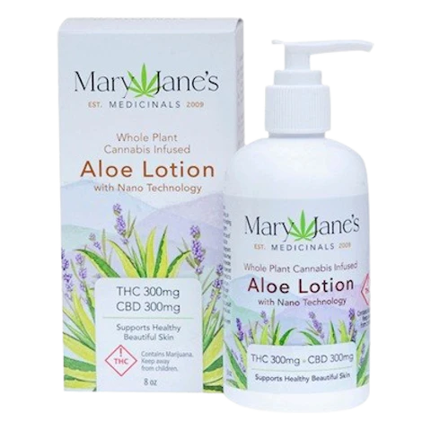 Mary Jane's Medicinals Aloe Lotion 300MG THC 300MG CBD, 8oz — creams listed on the Herbs 4 You menu