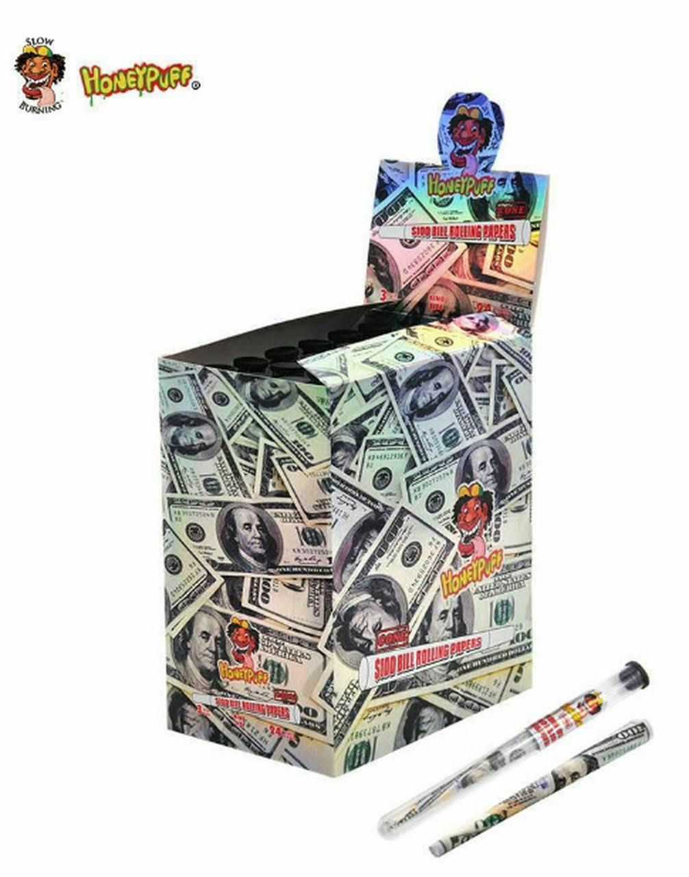HONEY PUFF $100 BILL ROLLING PAPERS 3PC IN GLASS STASH