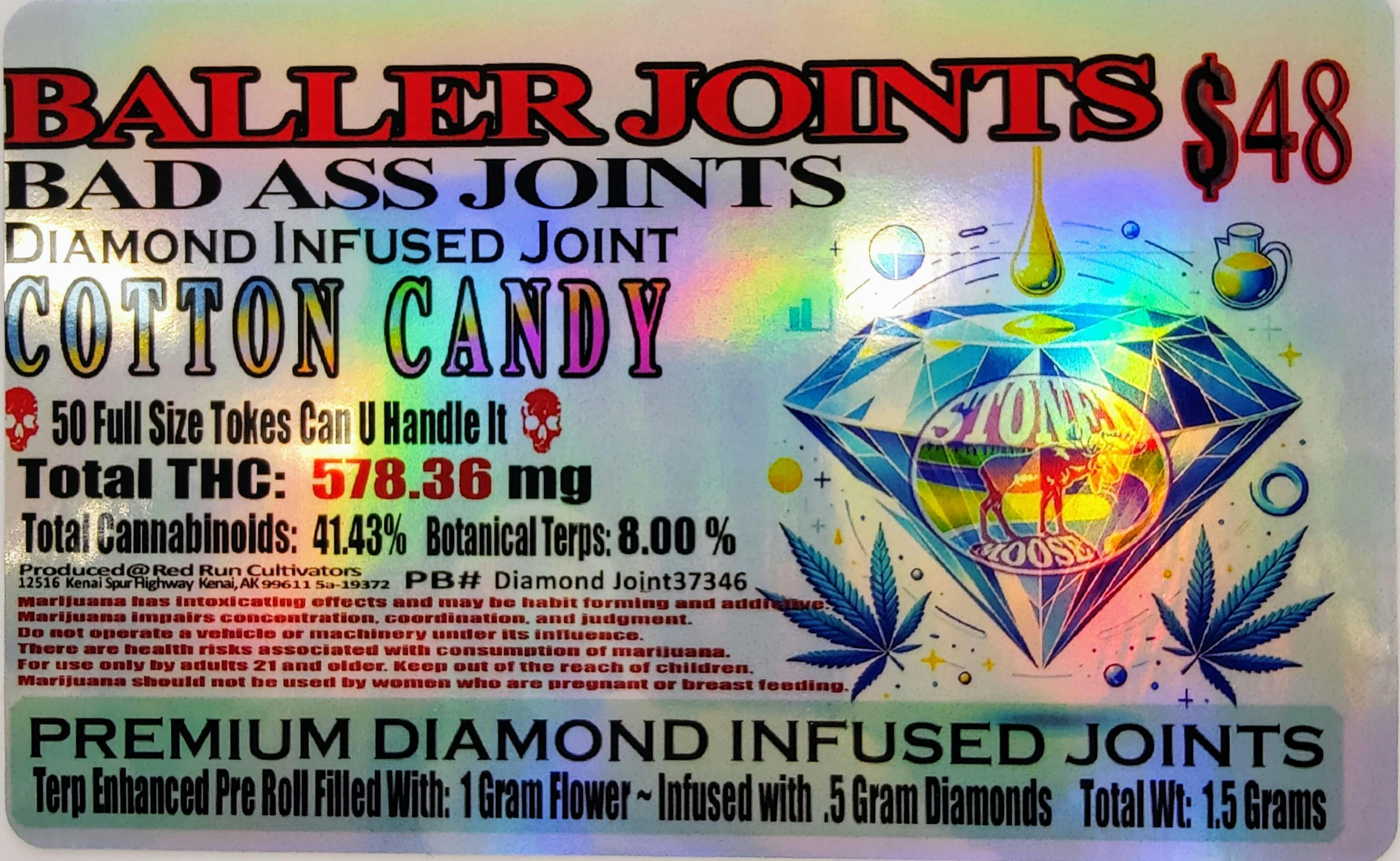 Cotton Candy | 1.5g Diamond Infused Baller Joint | 535.41mgTHC | 8%Terp | Red Run Cannabis