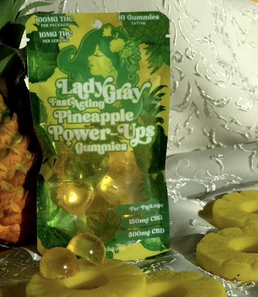 Pineapple Powerups (sat) | 10pk Fast Acting Gummies | 100mgTHC | 500mgCBD | 150mgCBG | Lady Gray