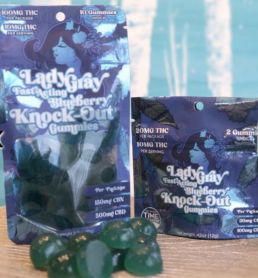 Blueberry Knockouts (ind) | 10pk Fast Acting Gummies | 100mgTHC | 500mgCBD | 150mgCBN | Lady Gray