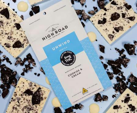 Cookies & Cream Unwind White Chocolate Bar, 100mg 20-piece by High Road Edibles