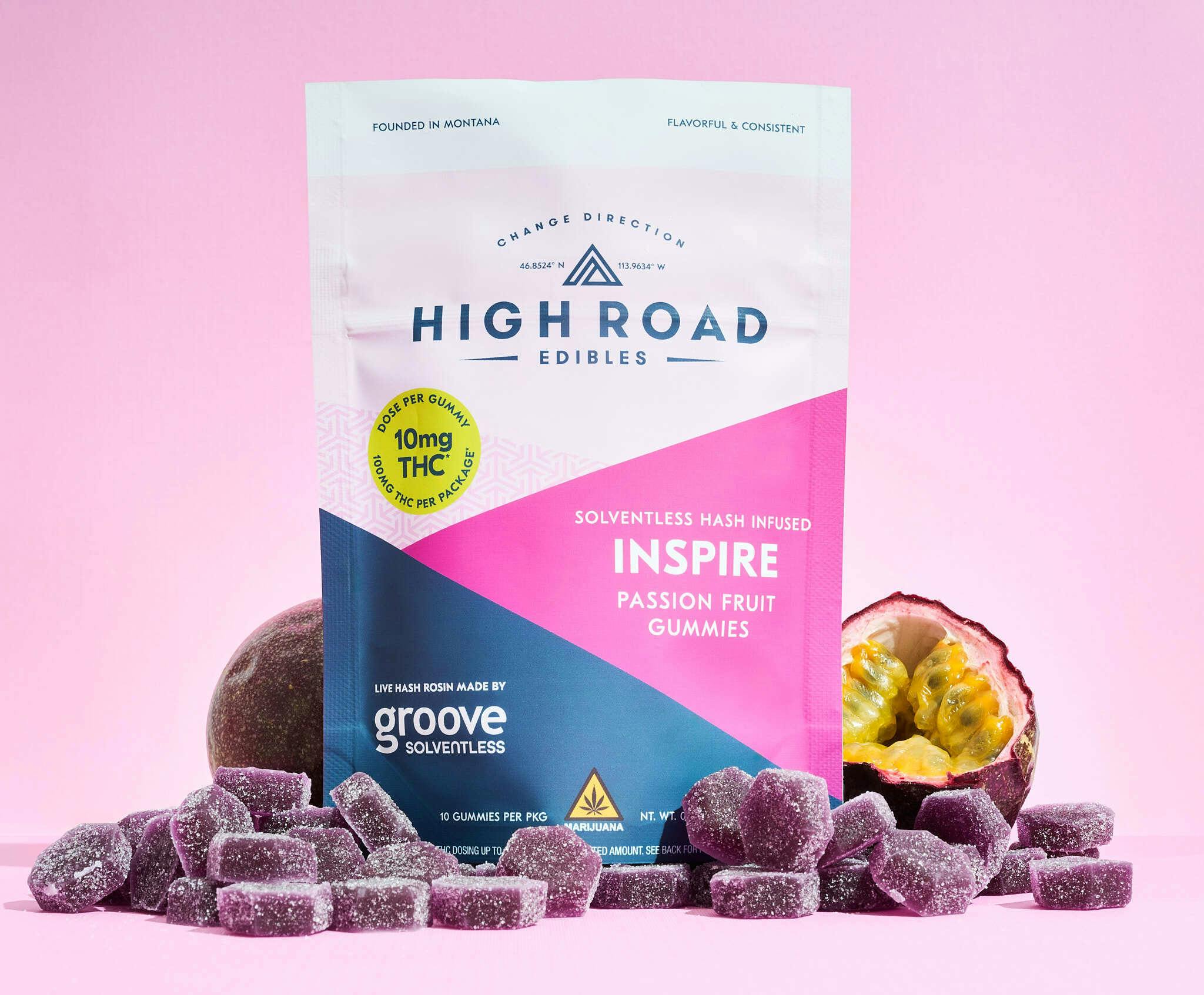 Passion Fruit Inspire Sovlentless Live Rosin Gummies, 100mg 10-pack by High Road Edibles
