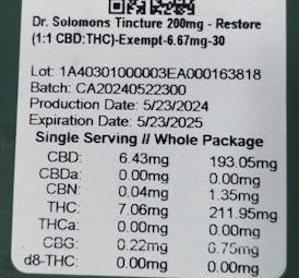 Dr. Solomon's | Restore 1:1 CBD:THC Drops | 200mg