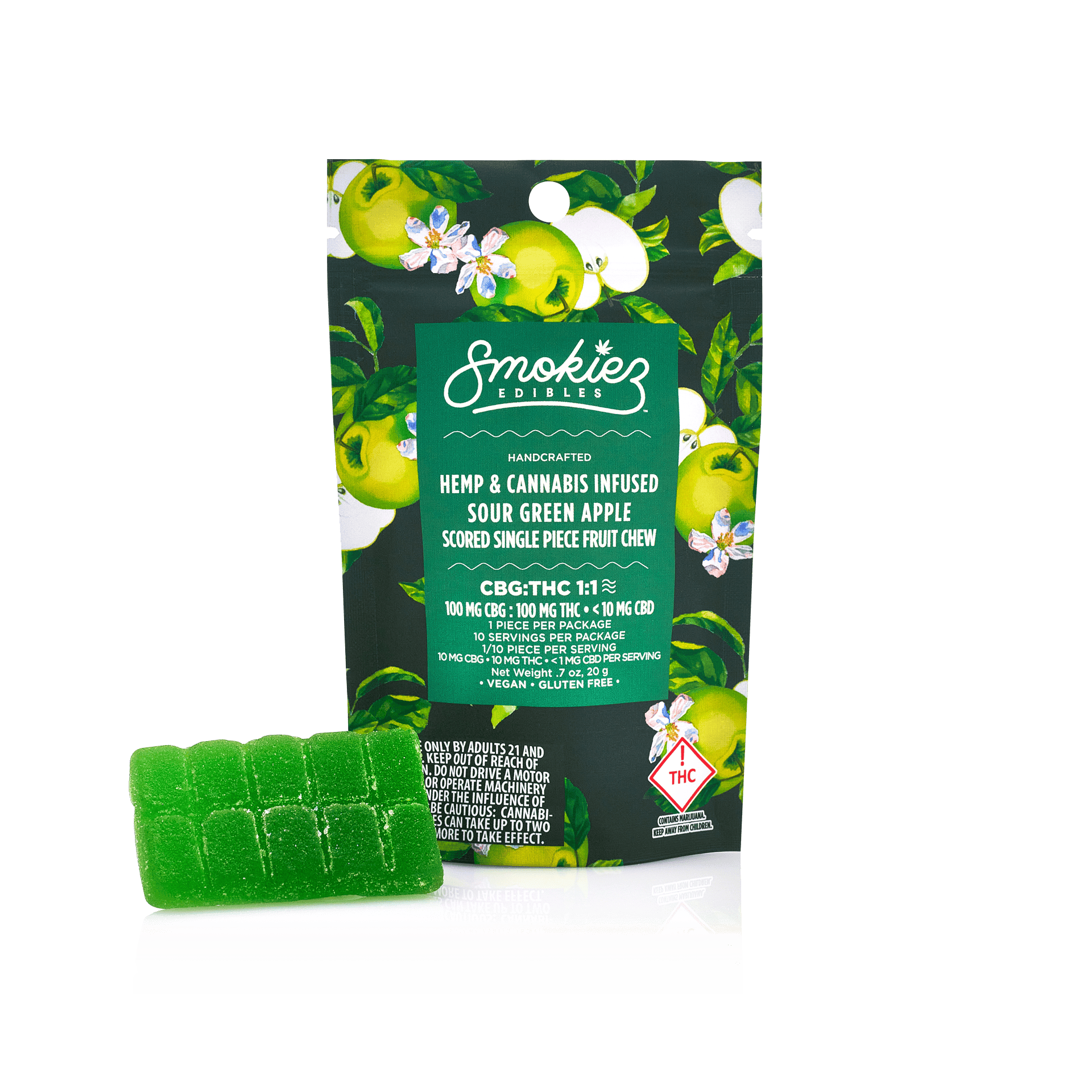 Sour Green Apple 100mg CBG : 100mg THC Scored Single Piece Fruit Chew