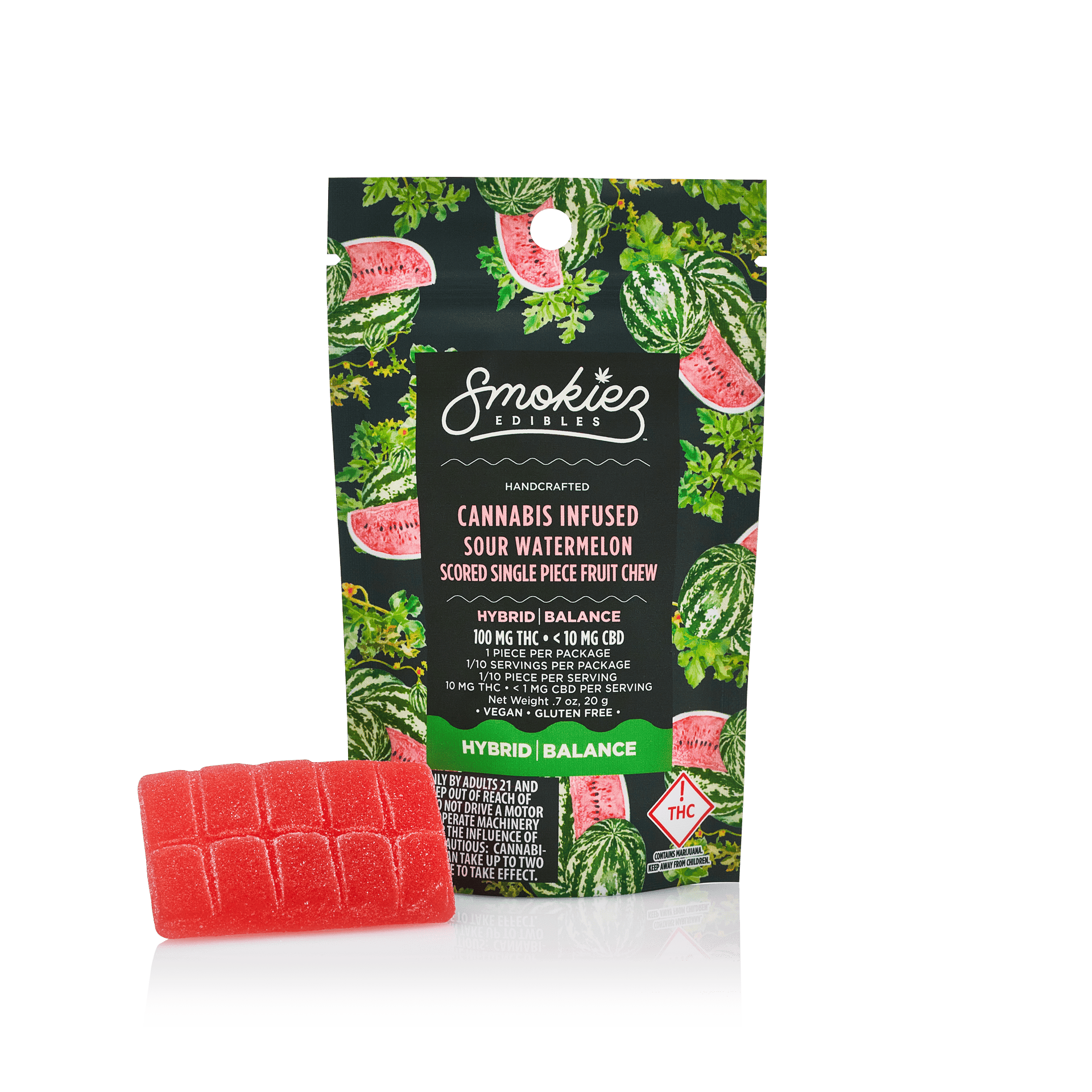 Sour Watermelon Hybrid 100mg THC Scored Single Piece Fruit Chew