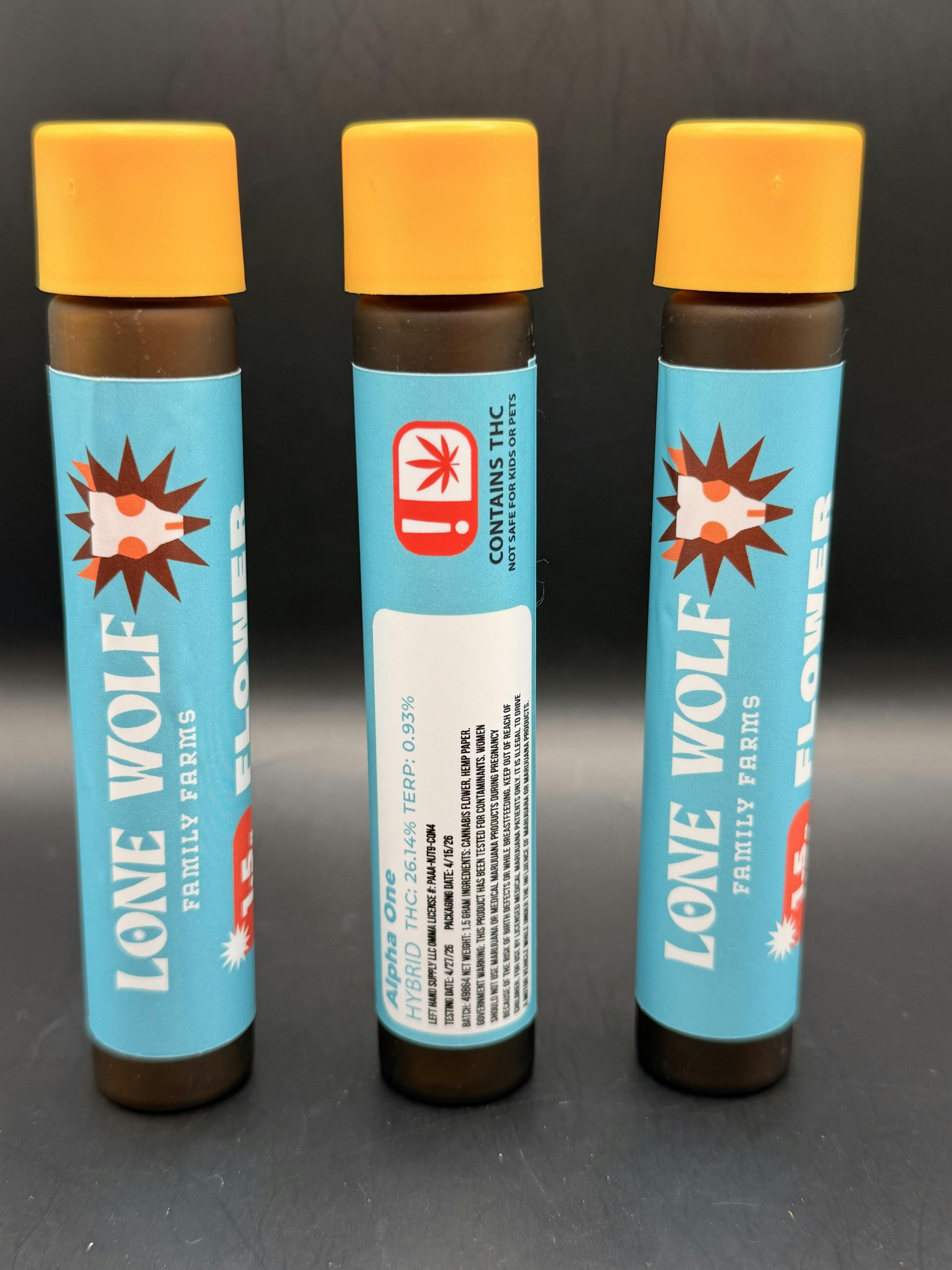 Lone Wolf | Alpha One | THC: 26.14% TERPS: 0.93% | 1.5G Flower Pre-roll | 5 FOR $20 (Tax Included)