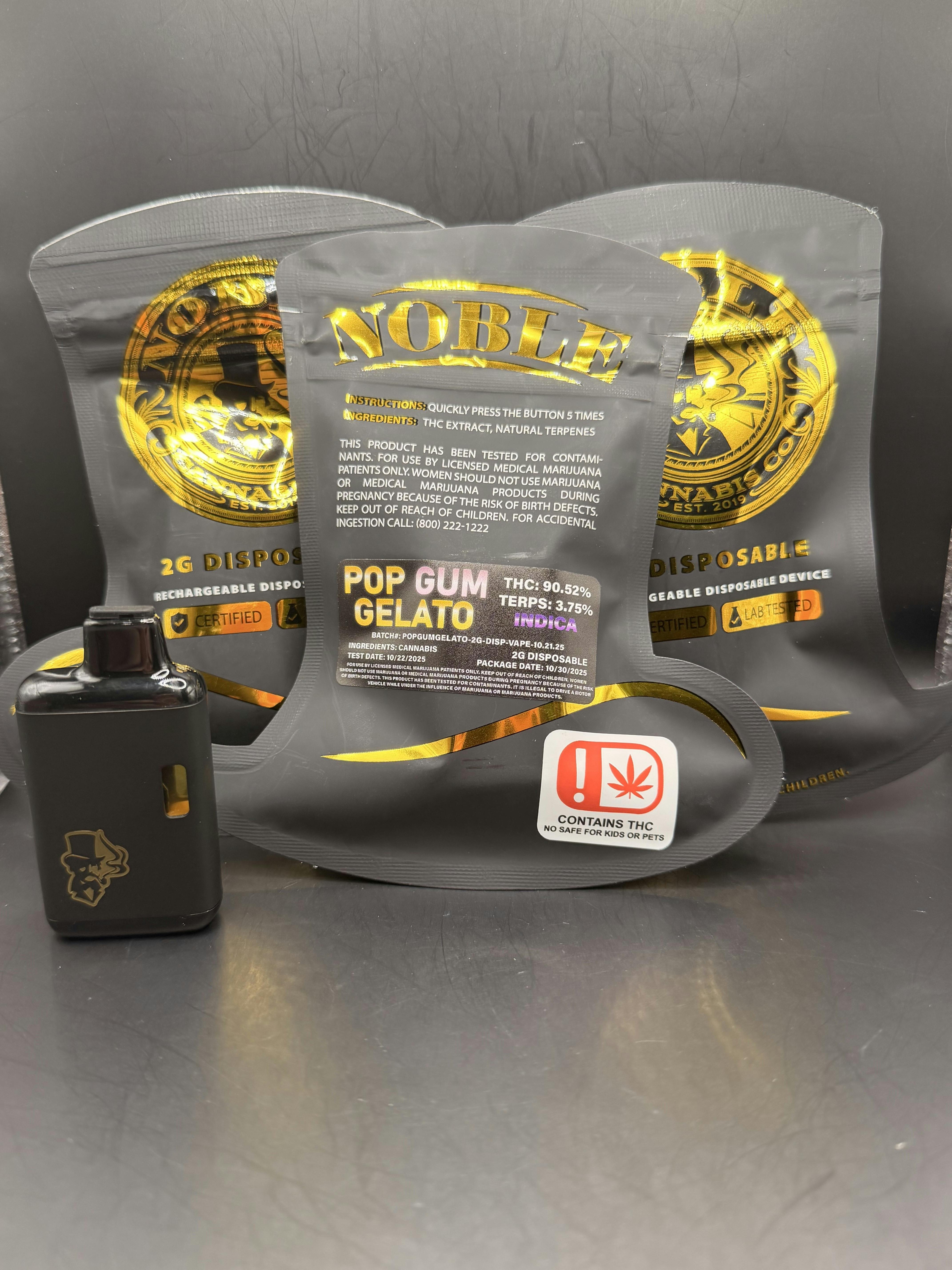 Noble | Pop Gum Gelato | THC: 90.52% TERPS: 3.75% | 2g Dispo. (Tax Included)