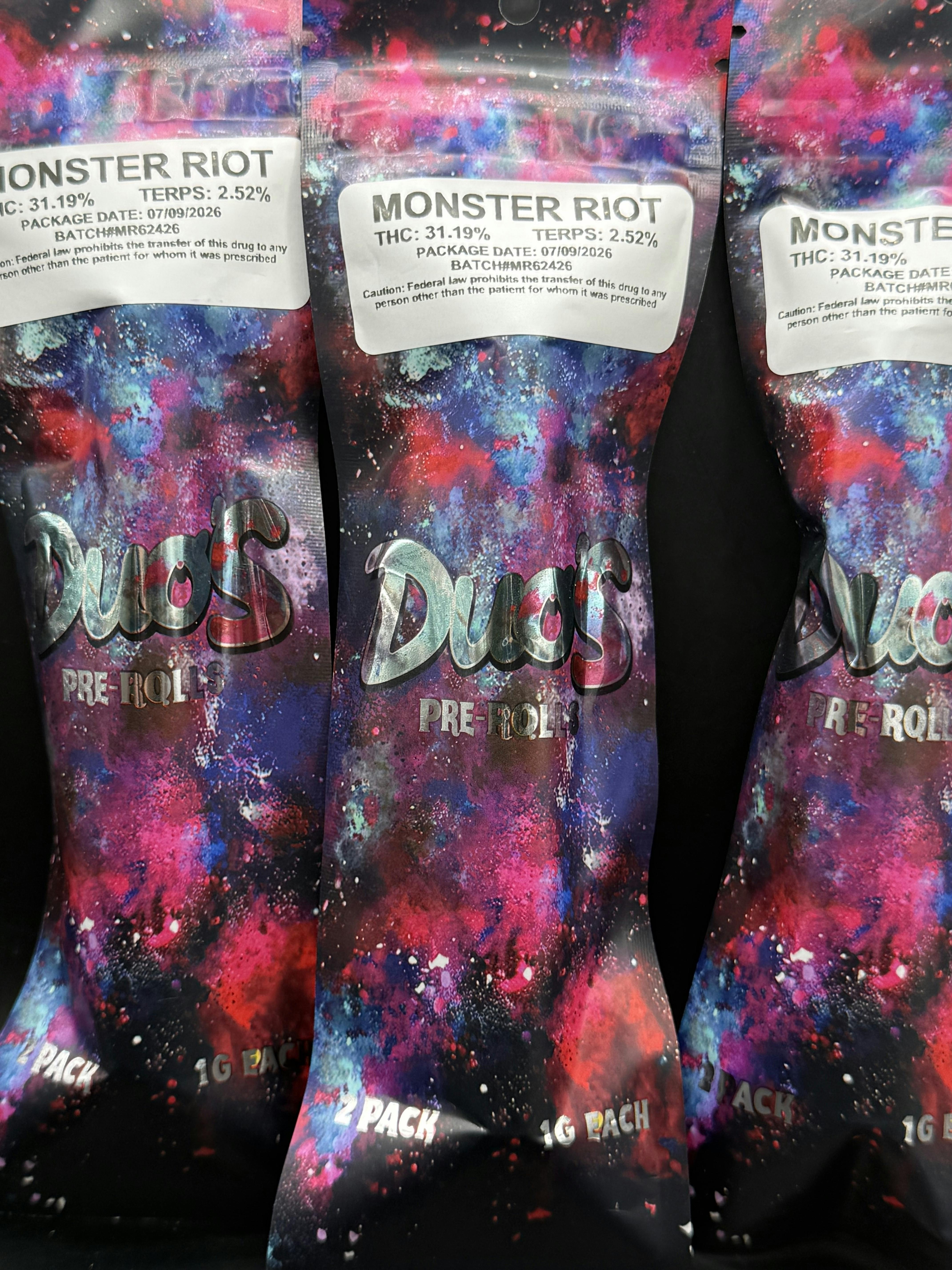 Duo's | Monster Riot | THC: 31.19% TERPS: 2.52% | 2PK 1G Pre-roll (Tax Included)
