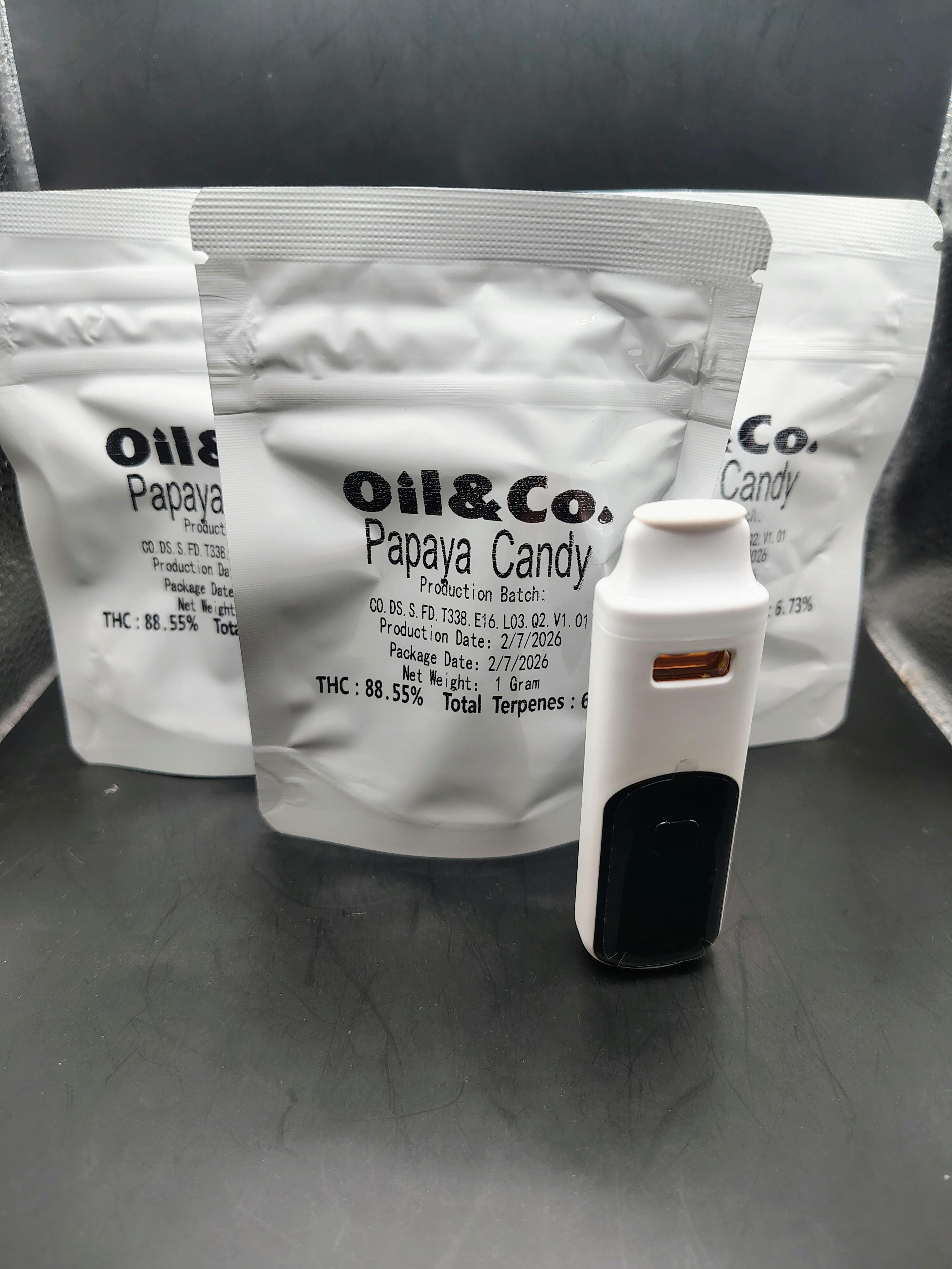 Oil and Co | Papaya Candy | THC: 88.55% TERPS: 6.73% | 1G Disposable Vape (Tax Included)