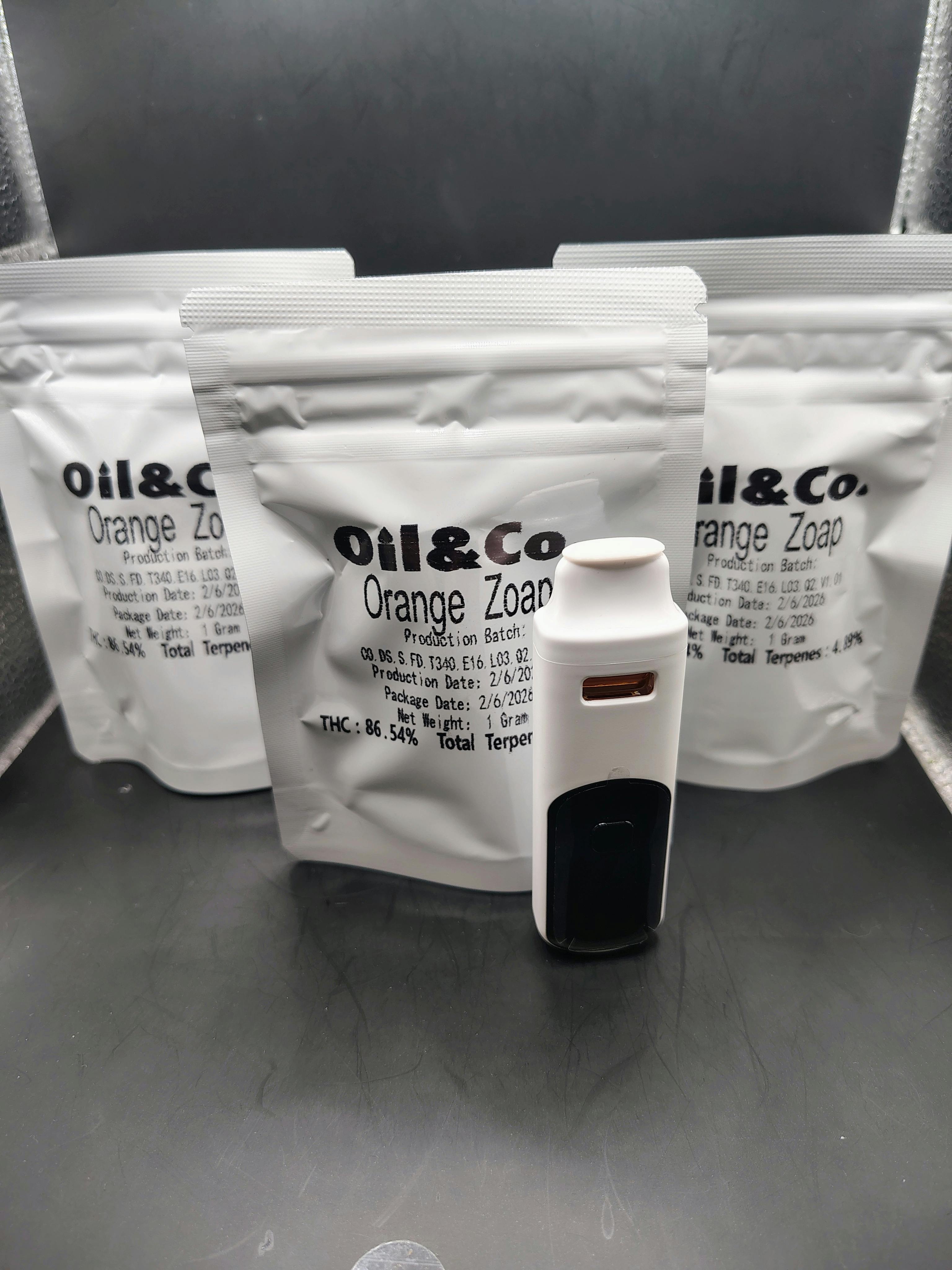 Oil and Co | Orange Zoap | THC: 86.54% TERPS: 4.89% | 1G Disposable Vape (Tax Included)