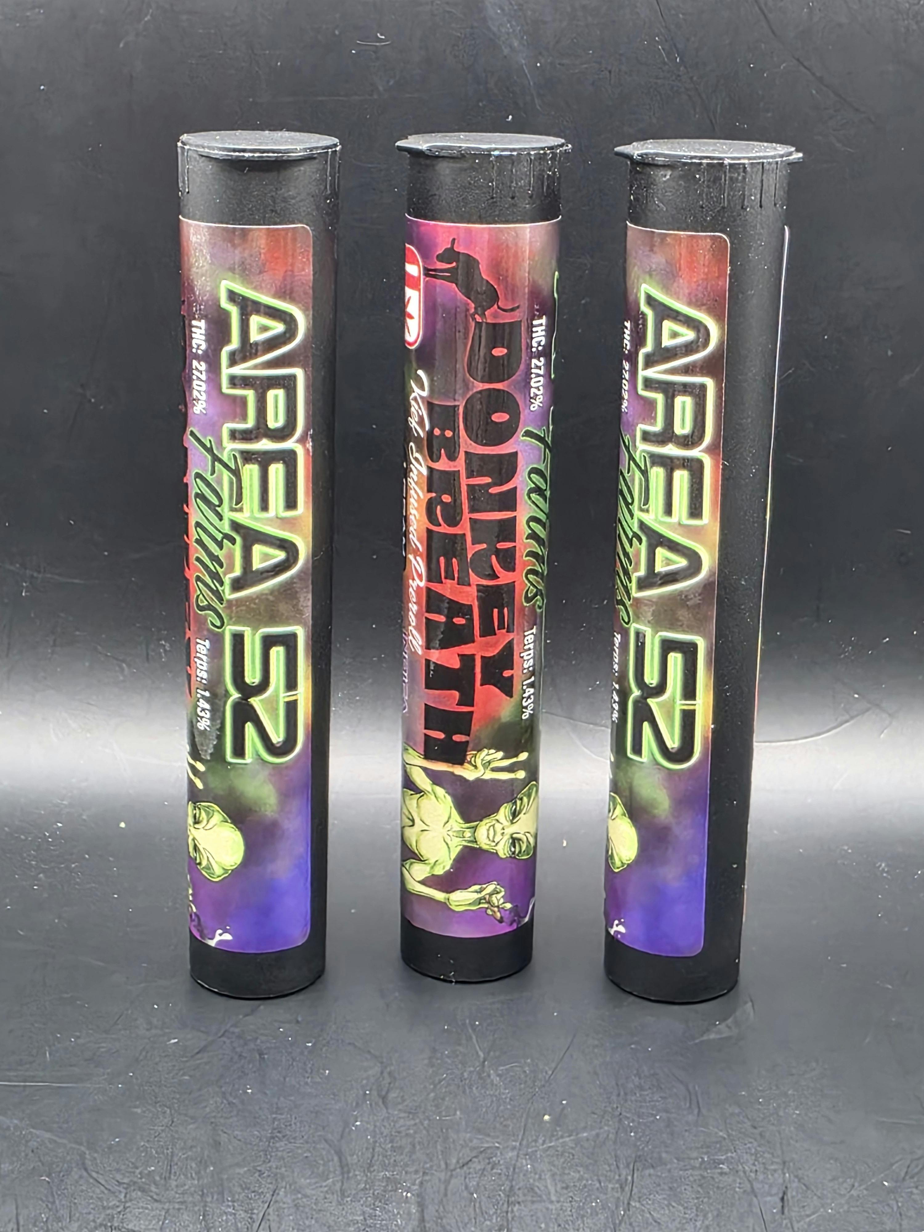 Area 52 | Donkey Breath | THC: 25.7% TERPS: 1.55% | 1G Keif Inf. Preroll | 2 for $5 (Tax Included)