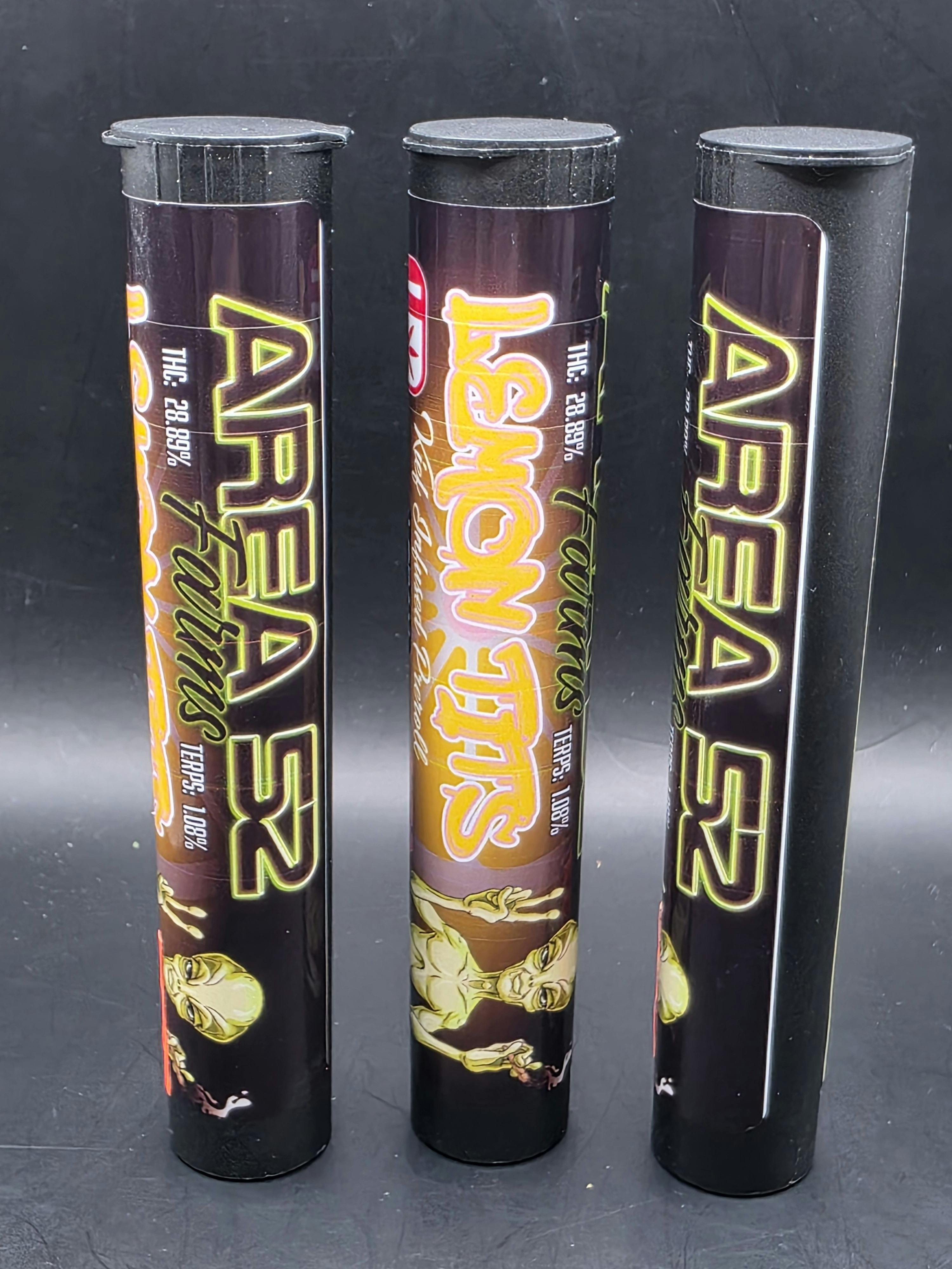 Area 52 | Lemon Tits | THC: 24.4% TERPS: 1.12% | 1G Keif Inf. Preroll | 2 for $5 (Tax included)