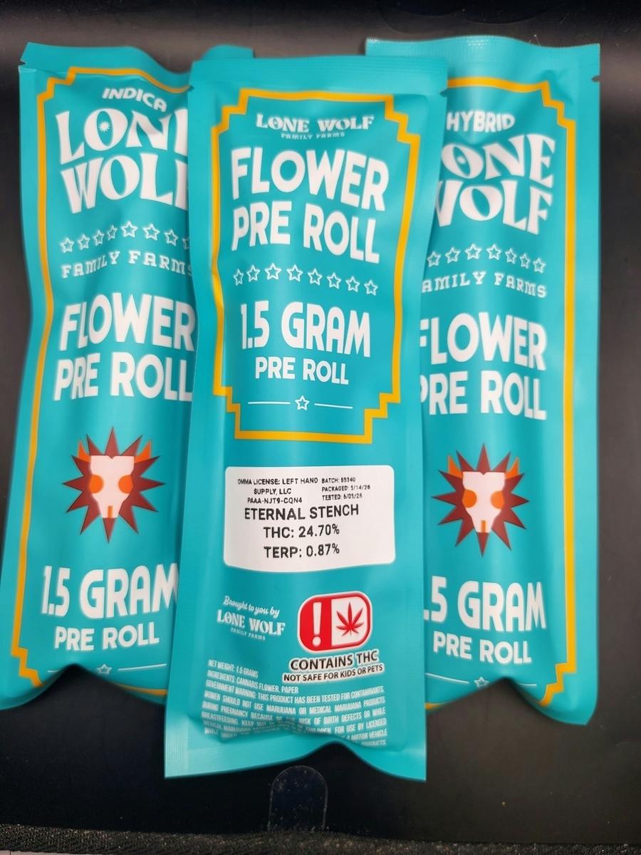Lone Wolf | Eternal Stench | THC: 24.7%TERPS: 0.87% | 1.5G Flower PR | 5 FOR $20 (Tax Included)