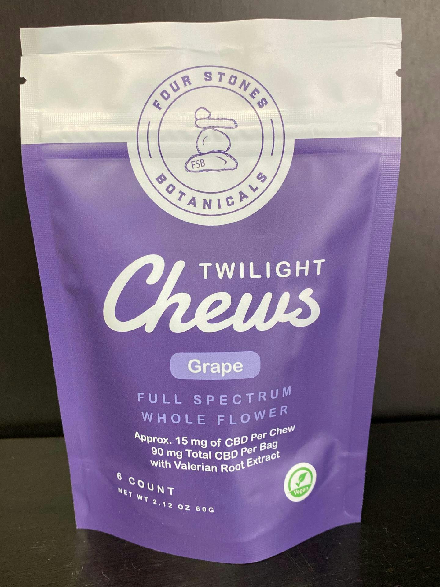 Four Stones Botanicals Full Spectrum Twilight Grape Fruit Chews 90mg CBD with Valerian Root Extract