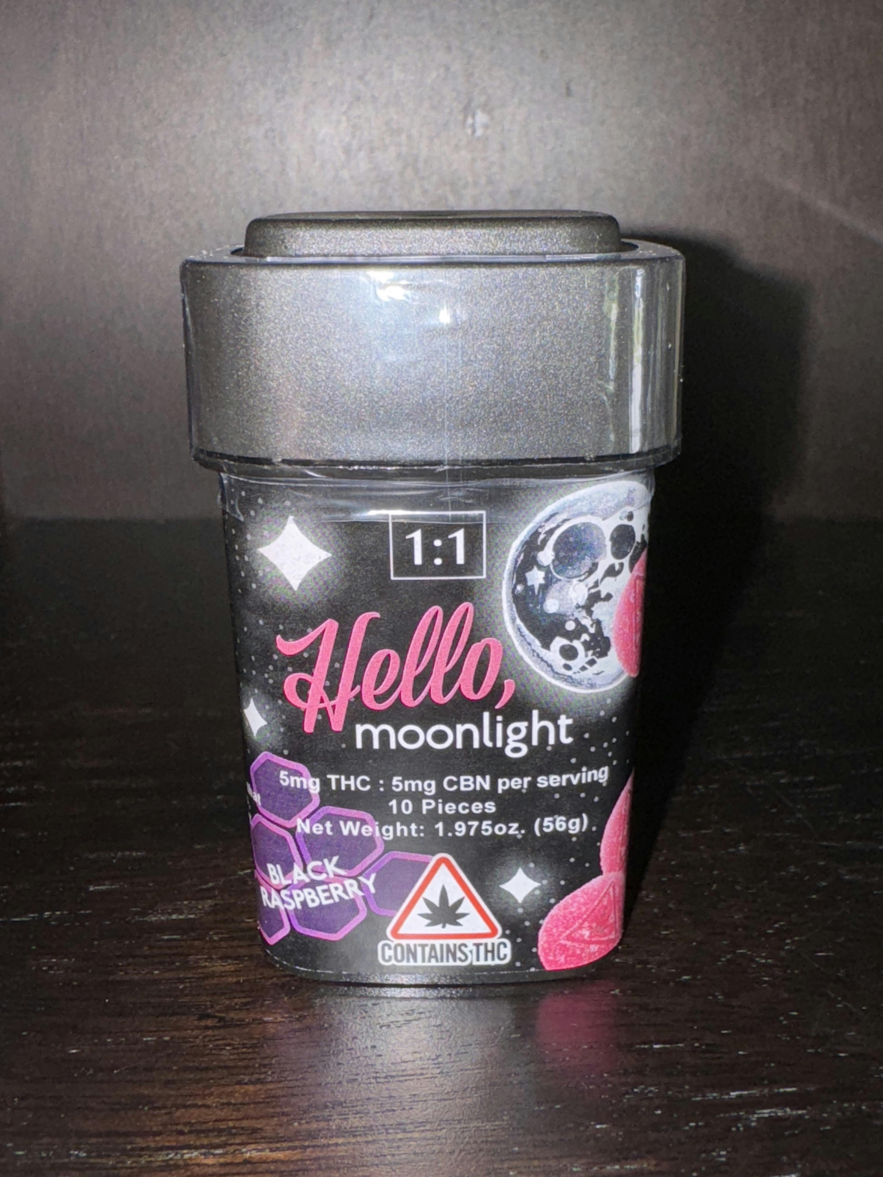Hello, Moonlight 1:1 50mg THC : 50mg CBN Black Raspberry Jewels Hash Rosin Gummy by The Hashery