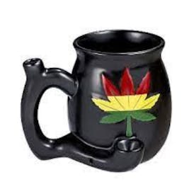 Ceramic Matte Black Mug Hand Pipe With Embossed Rasta Leaf