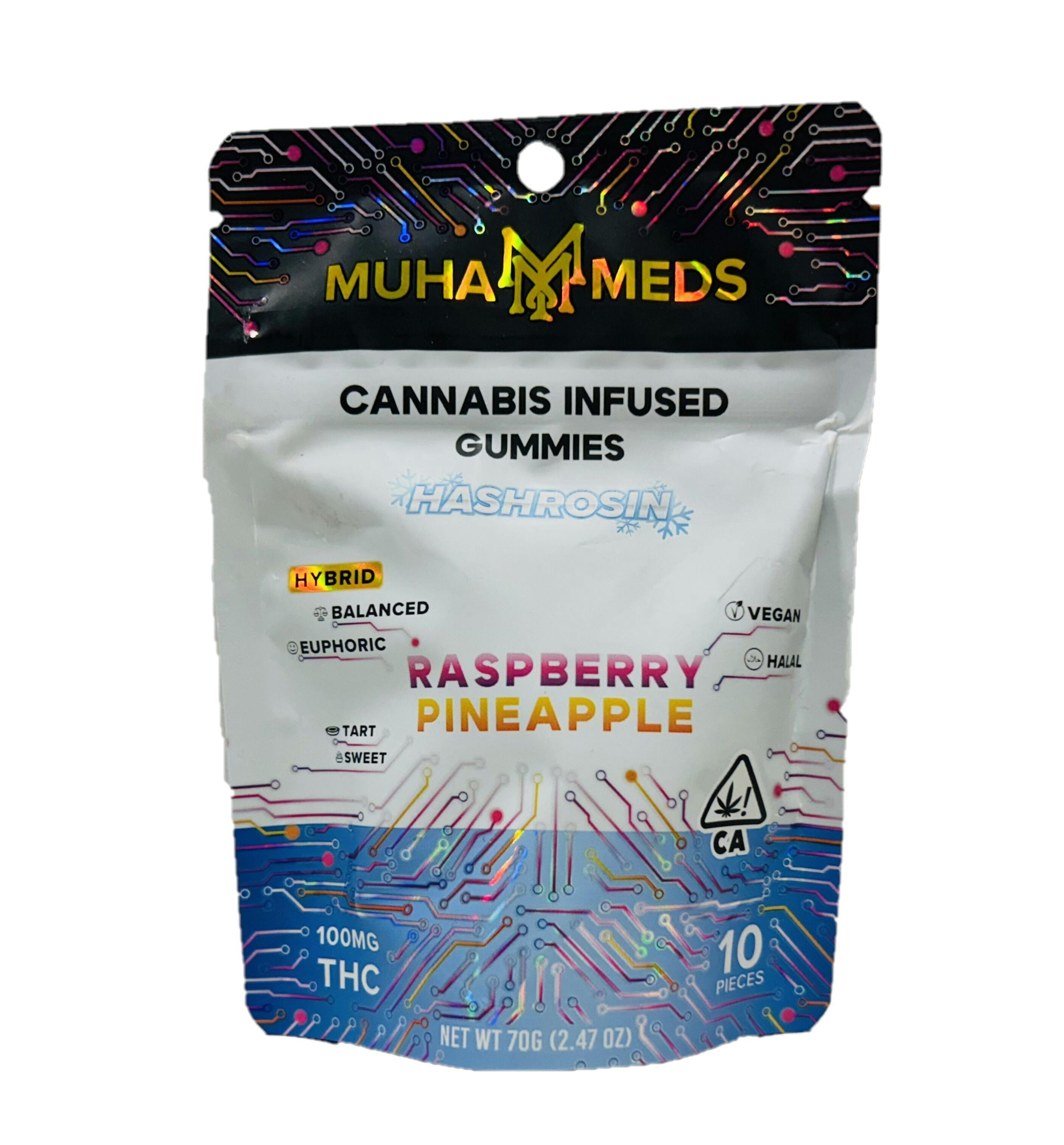 Muha Meds | Raspberry Pineapple Rosin Gummies | 100mg | 10ct | 10mg/ea