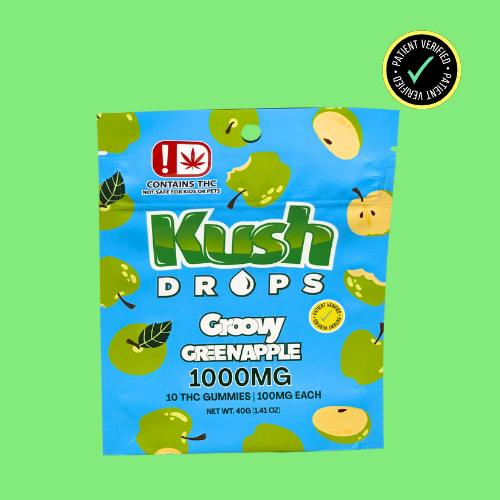 Kush Drops Groovy Green Apple gummies. 1000mg THC per pack!