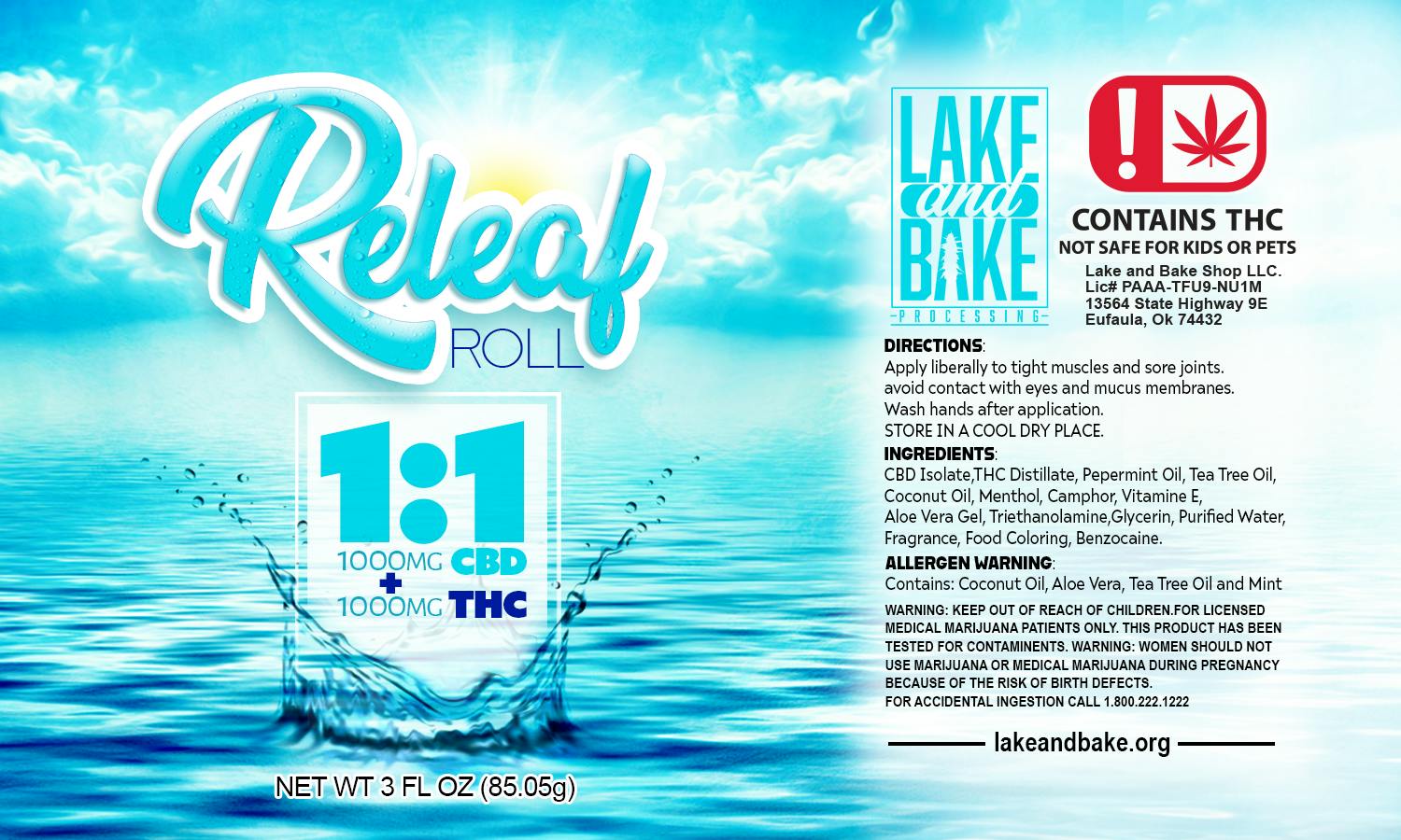 LAKE AND BAKE RELEAF ROLL ON (1000MG) (1:1)