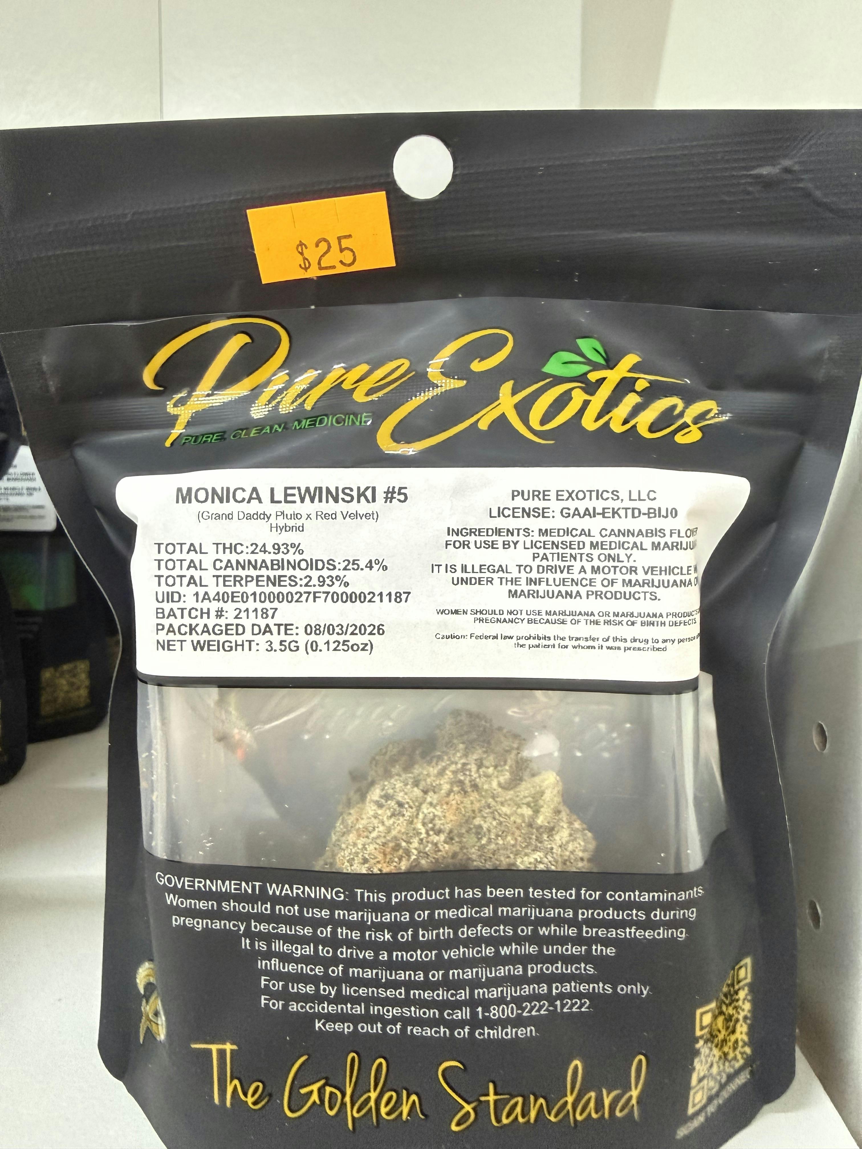 Pure Exotics | Flower | Monica Lewinski #5 | Grand Daddy Pluto x Rd Velvet | Hybrid | 3.5g