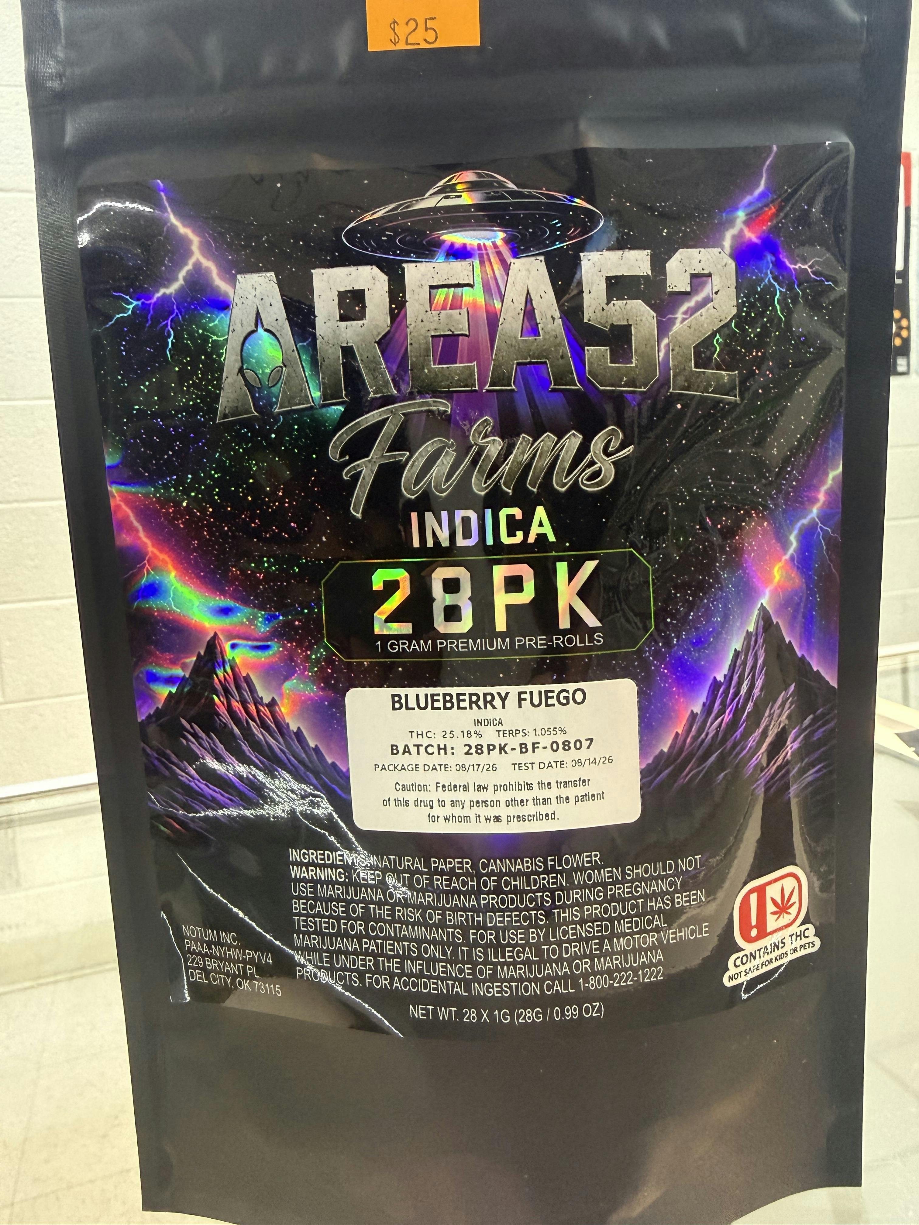Area52 Farms | Blueberru Guego | Prerolls | Indica | 28g