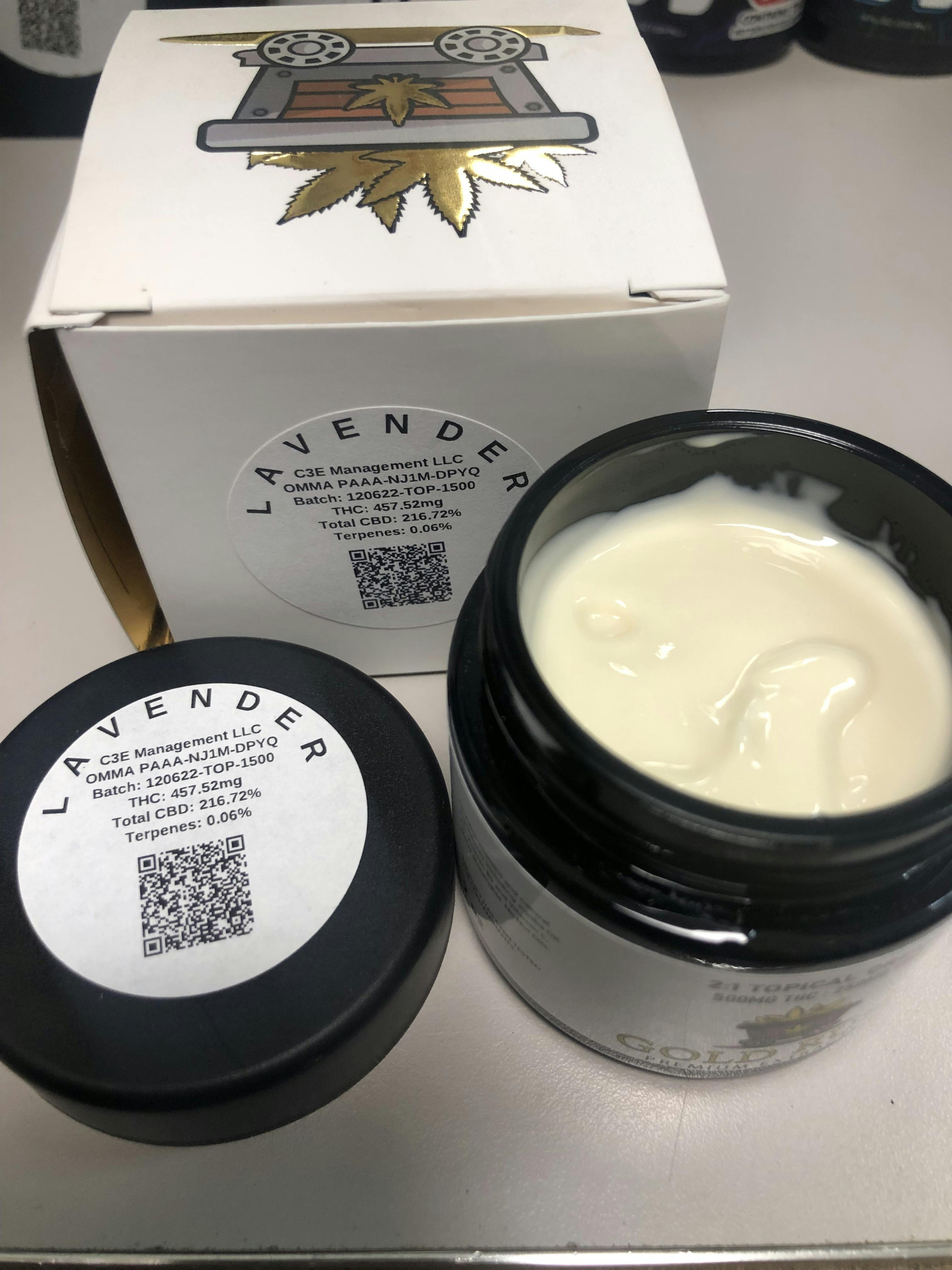 GOLD RUSH PAIN CREAM- LAVENDER 500MG THC; 250MG CBD at GREEN ST . Dispensary