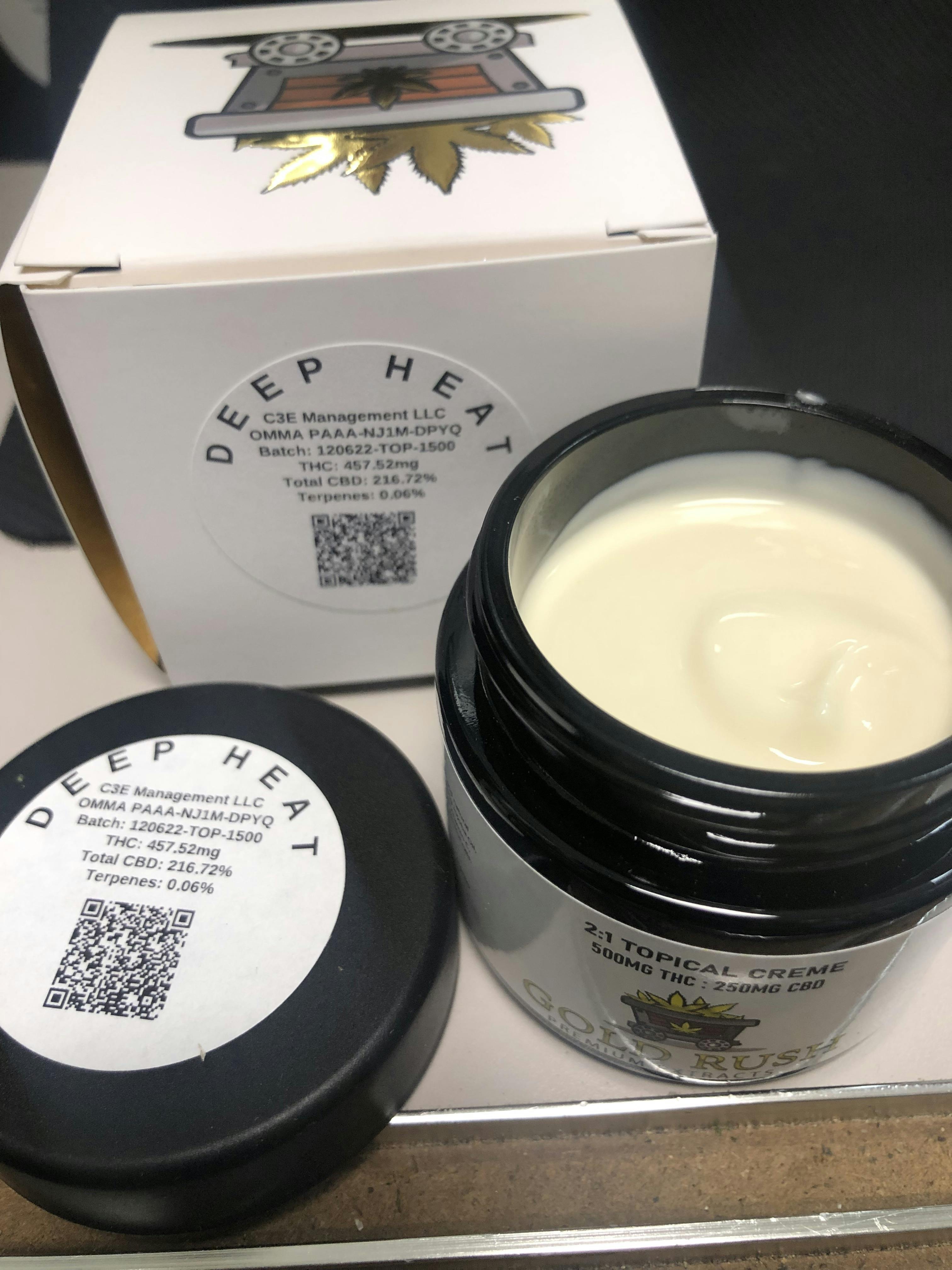 GOLD RUSH PAIN CREAM- DEEP HEAT 500MG THC; 250MG CBD *SALE* at GREEN ST . Dispensary
