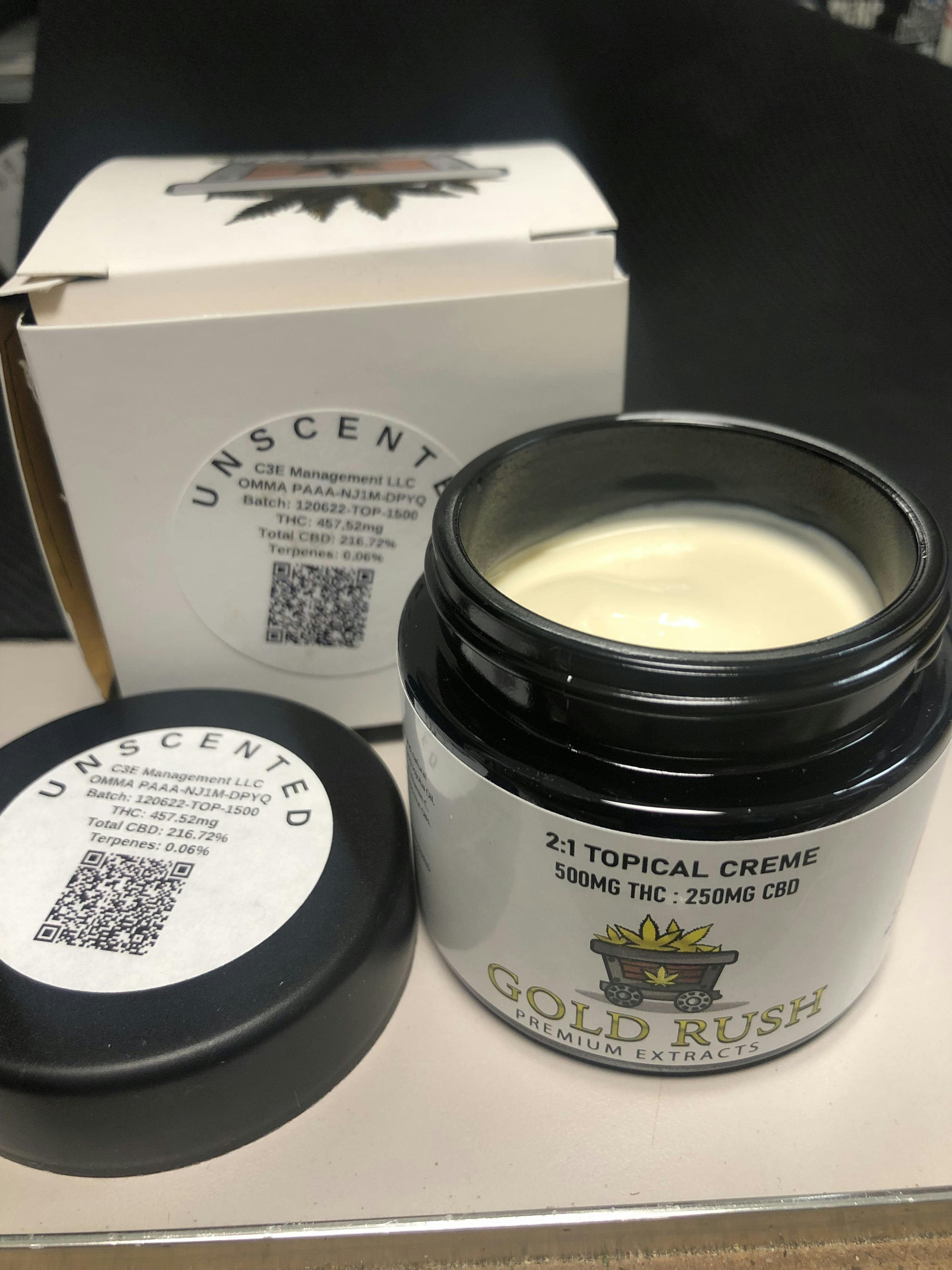 GOLD RUSH PAIN CREAM- UNSCENTED 500MG THC; 250MG CBD at GREEN ST . Dispensary