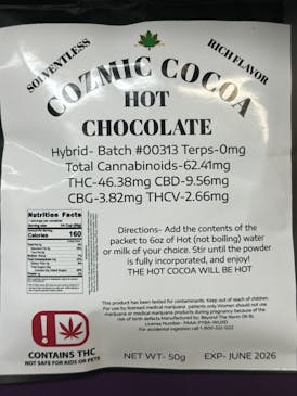 Cozmic Cocoa | Hot chocolate | 62.41mg | 3.82mg CBG | 2.66mg THCV | 9.56mg CBD |
