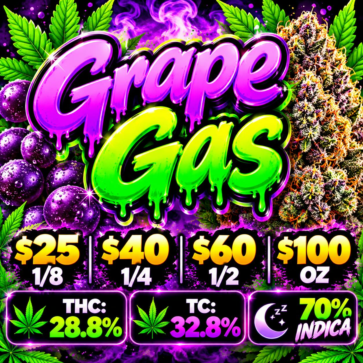 Grape Gas | $100 oz | 70% Indica | 3.27% Terps