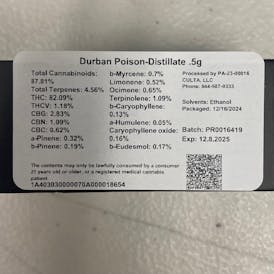 Culta | Durban Poison Vape Cartridge | 0.5g