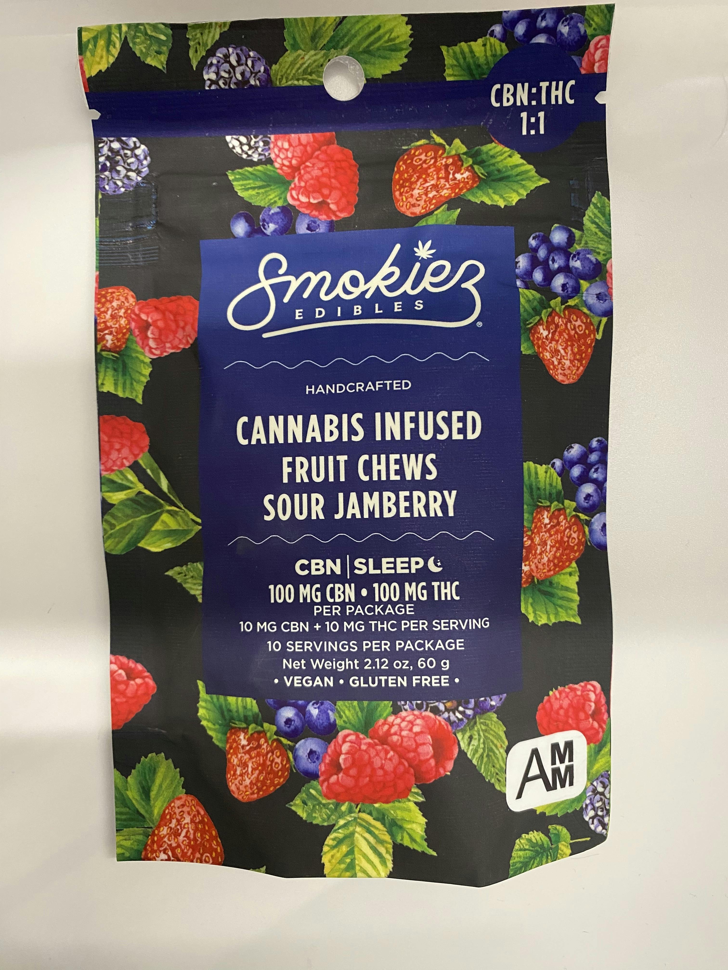 Sour Jamberry Gummies 1:1 CBN:THC | 100mg | 10ct | 10mg/ea by Smokiez Edibles