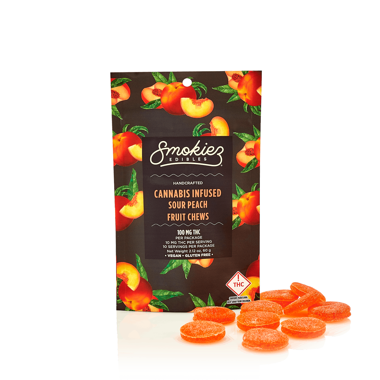 Sour Peach Gummies | 100mg | 10ct | 10mg/ea at Custom Cannabis