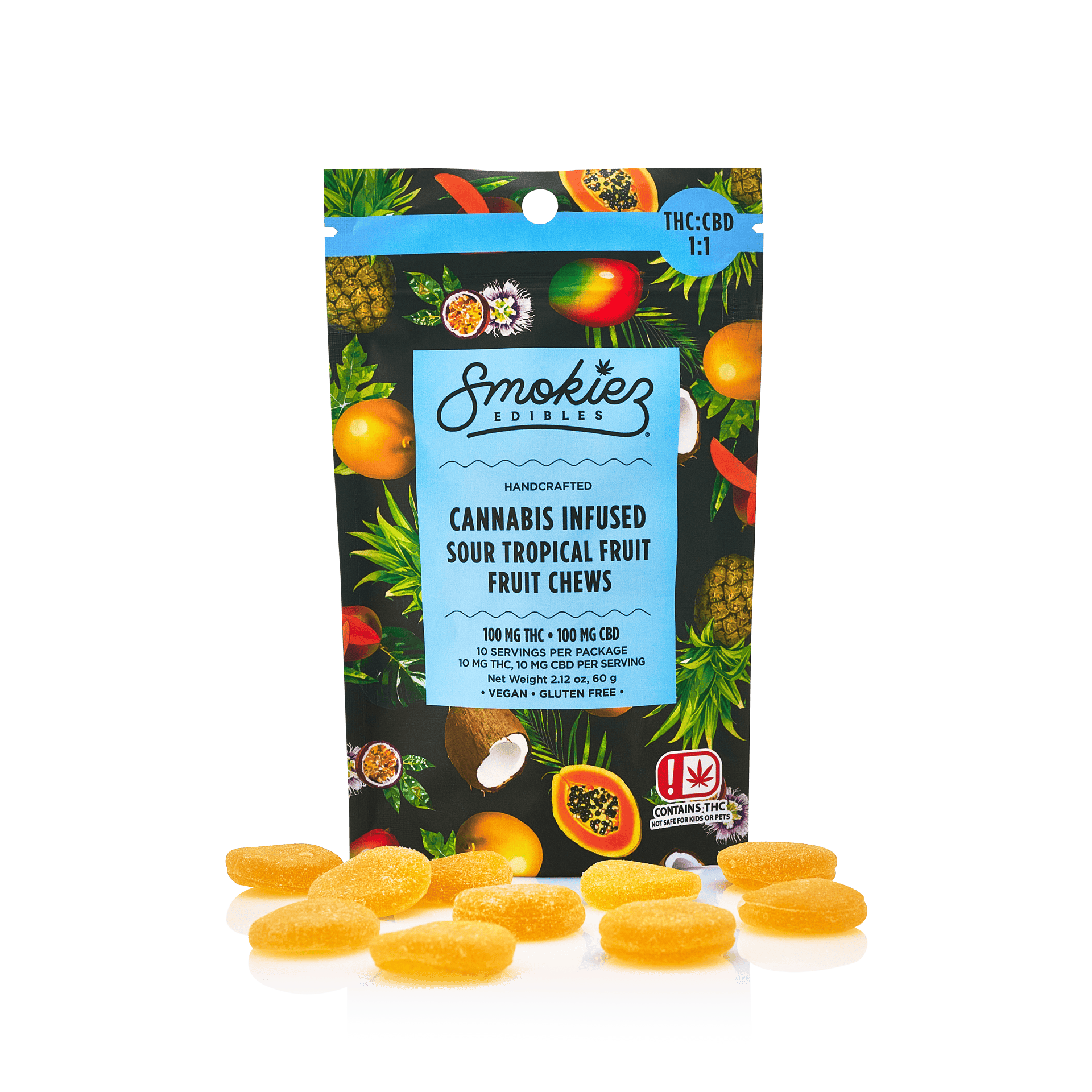 Sour Tropical Gummies 1:1 THC:CBD | 100mg | 10ct | 10mg/ea by Smokiez Edibles