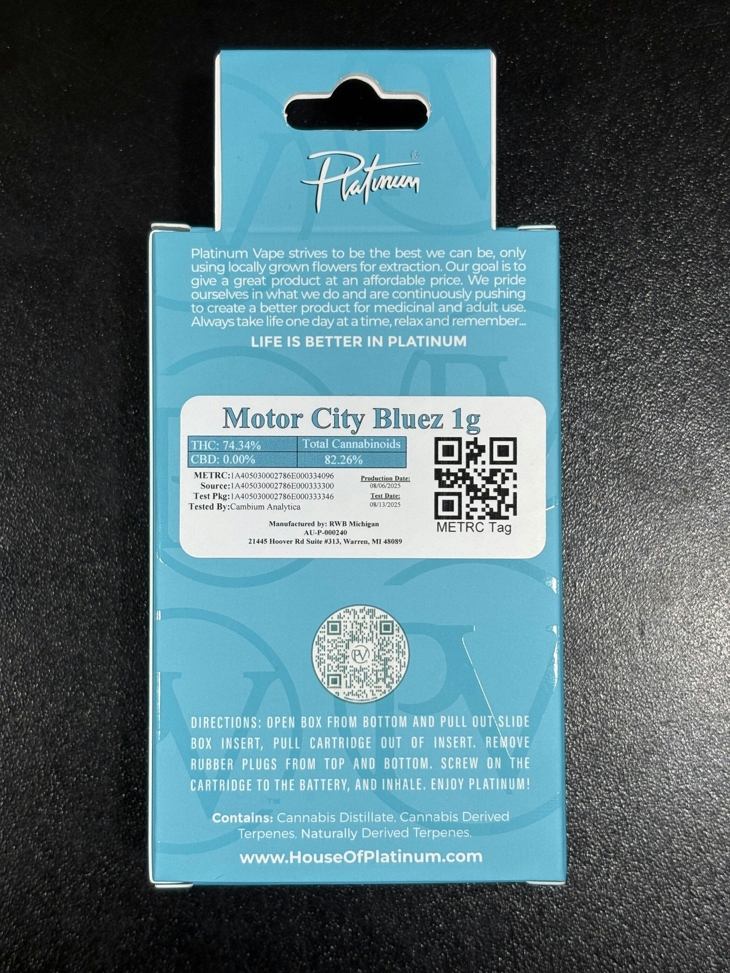 Platinum Vape | Motor City Bluez | Cartridge | 1g
