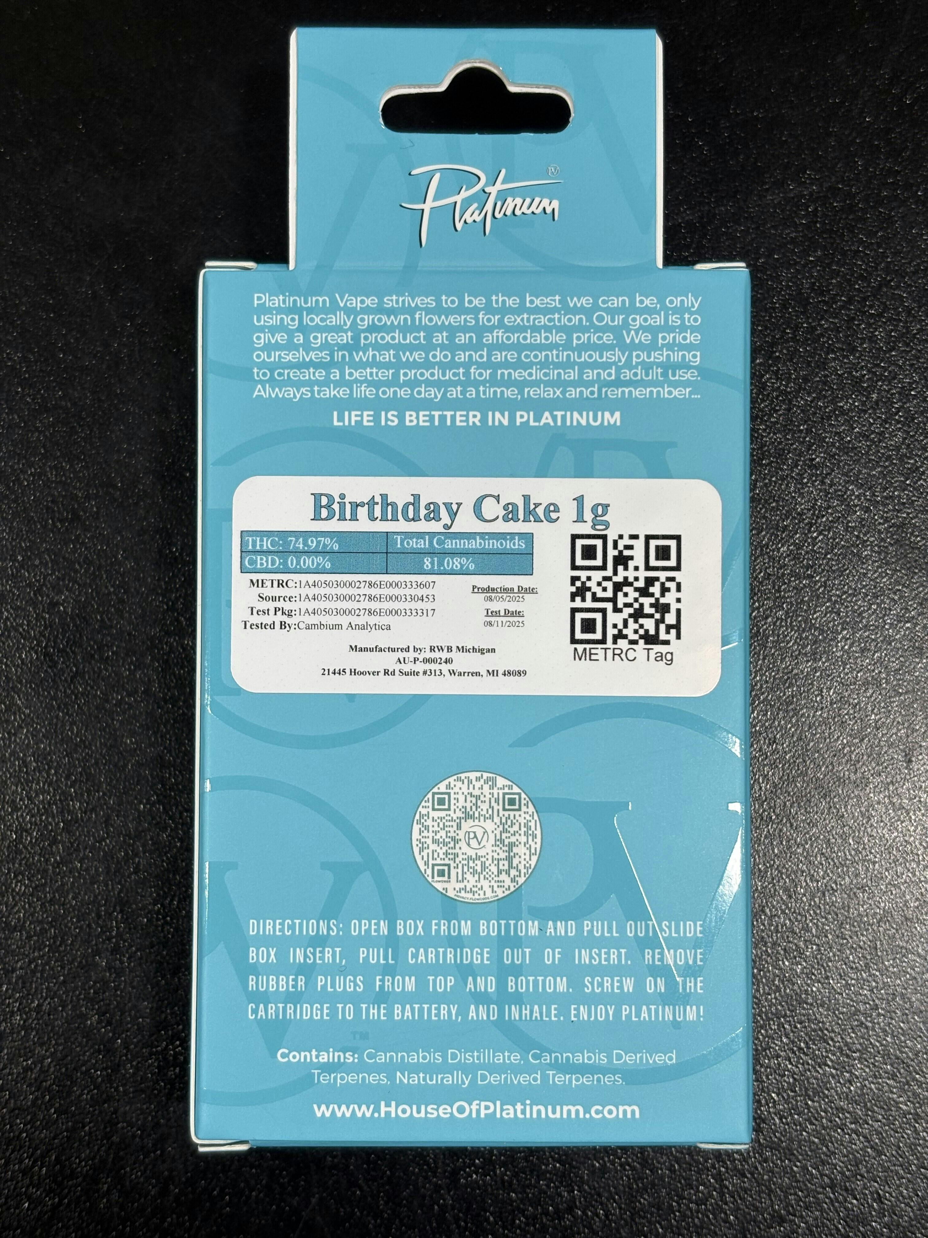 Platinum Vape - Birthday Cake (Hybrid) 1g cartridge