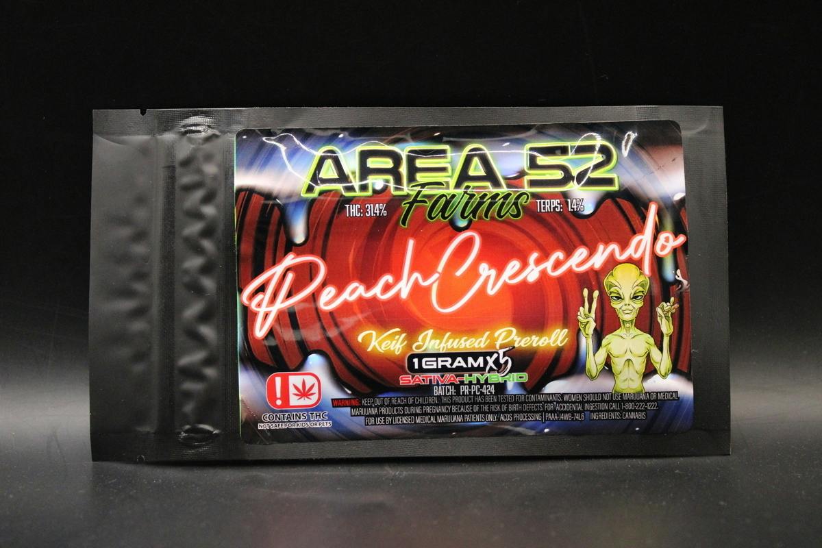 Area 52 Farms - Peach Crescendo - 1G Kief Infused 5PK Pre Rolls (5-5PKS [25G]/$43.25)