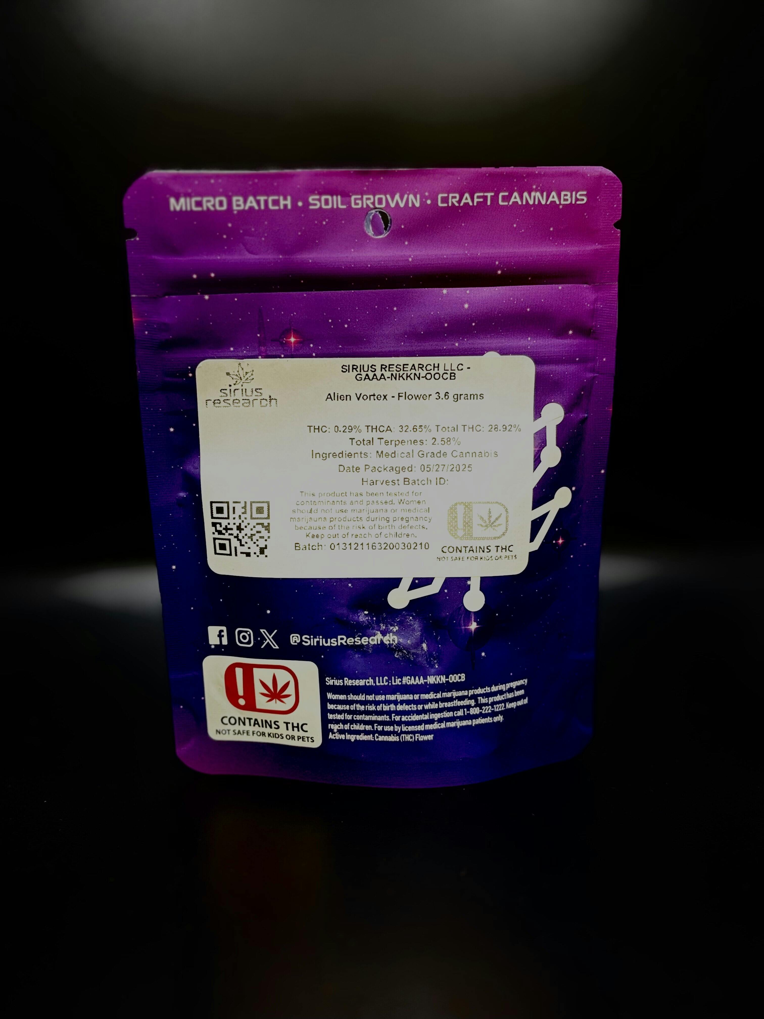 Sirius Research - Alien Vortex - Top Shelf Pre-Pack Flower (7G/$30.17) (14G/$51.72)