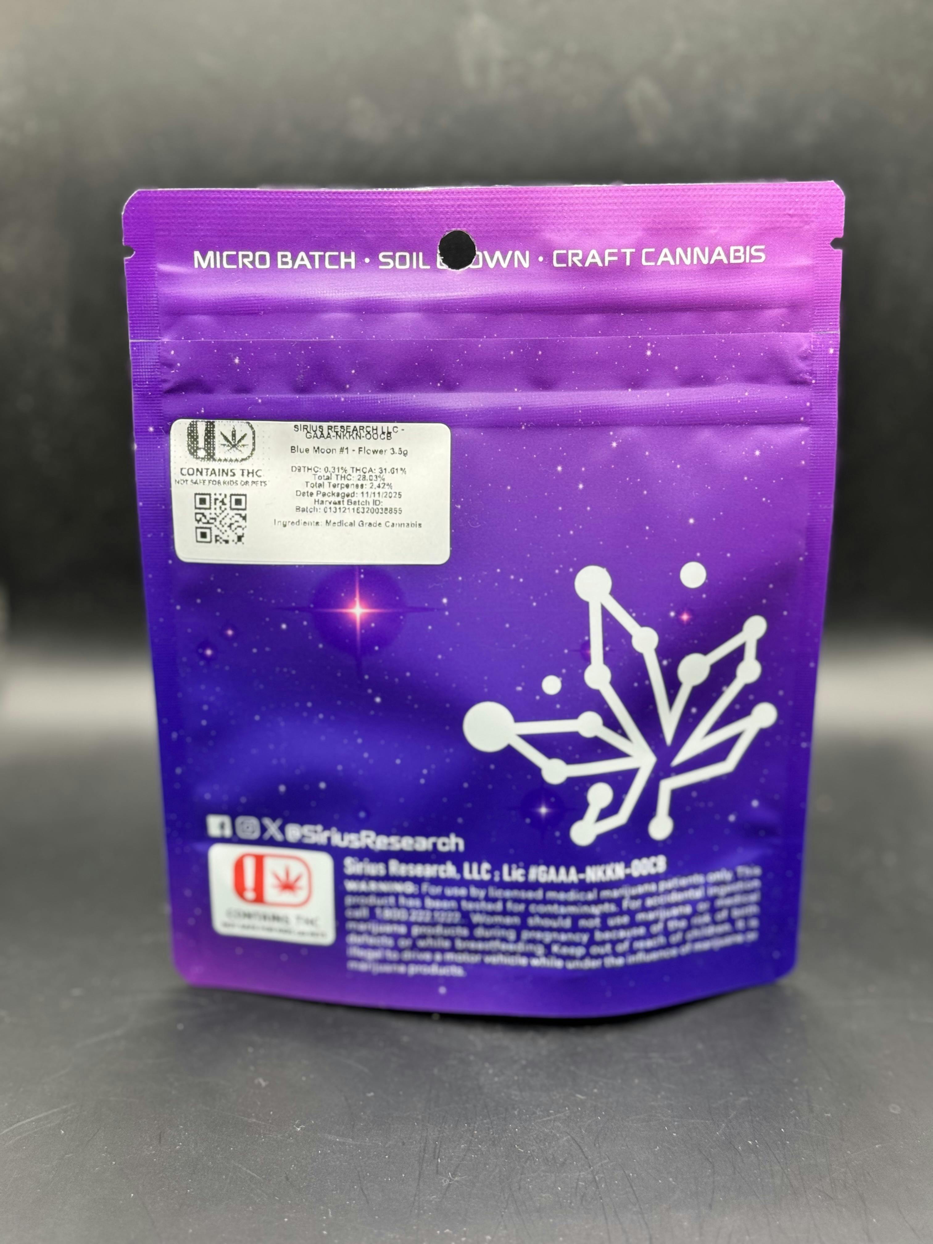 Sirius Research - Blue Moon #1 - Top Shelf Pre-Pack Flower (7G/$30.17) (14G/$51.72)