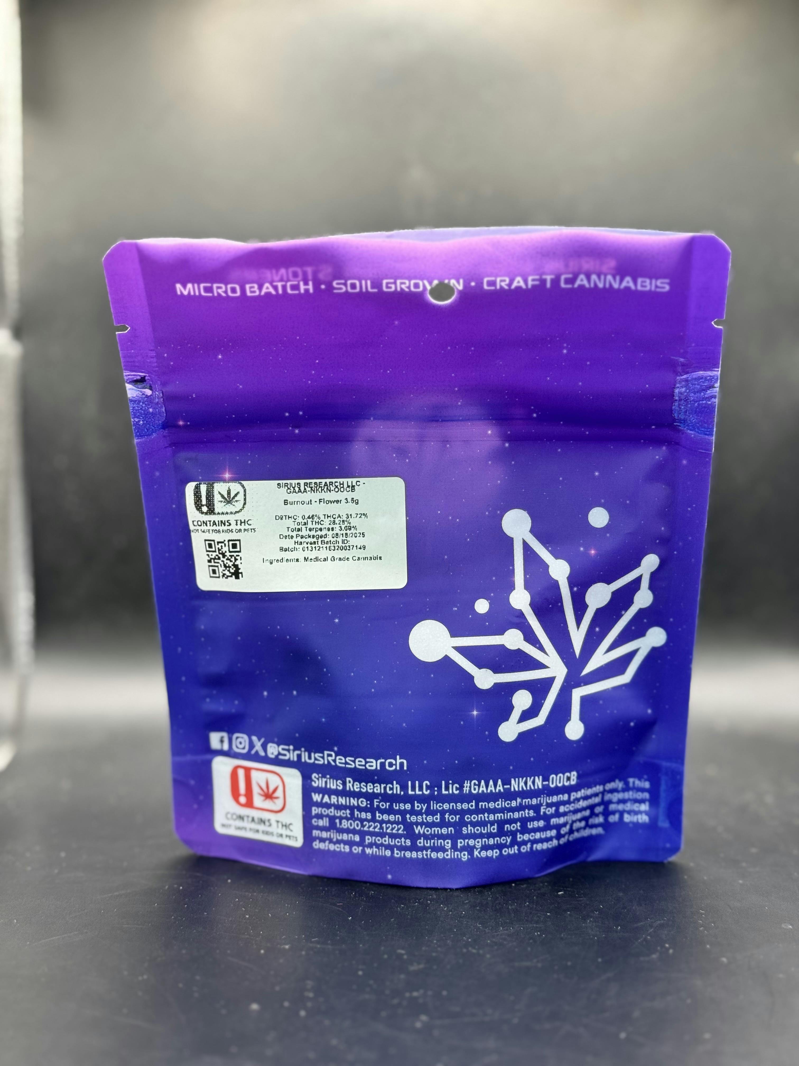Sirius Research - Burn Out - Top Shelf Pre-Pack Flower (7G/$30.17) (14G/$51.72)